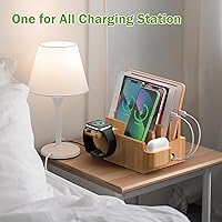 Vista 5 de Pezin & Hulin Estación de carga de bambú para múltiples dispositivos con cargador USB de 5 puertos, 5 cables, soporte para reloj y auriculares