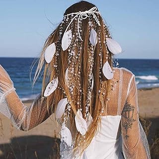 رباط رأس مزين بالريش واللؤلؤ بتصميم هندي غجري، شريط رأس قابل للتعديل، إكسسوارات شعر للزفاف للنساء والبنات من كاكور، أبيض (التصميم 1)