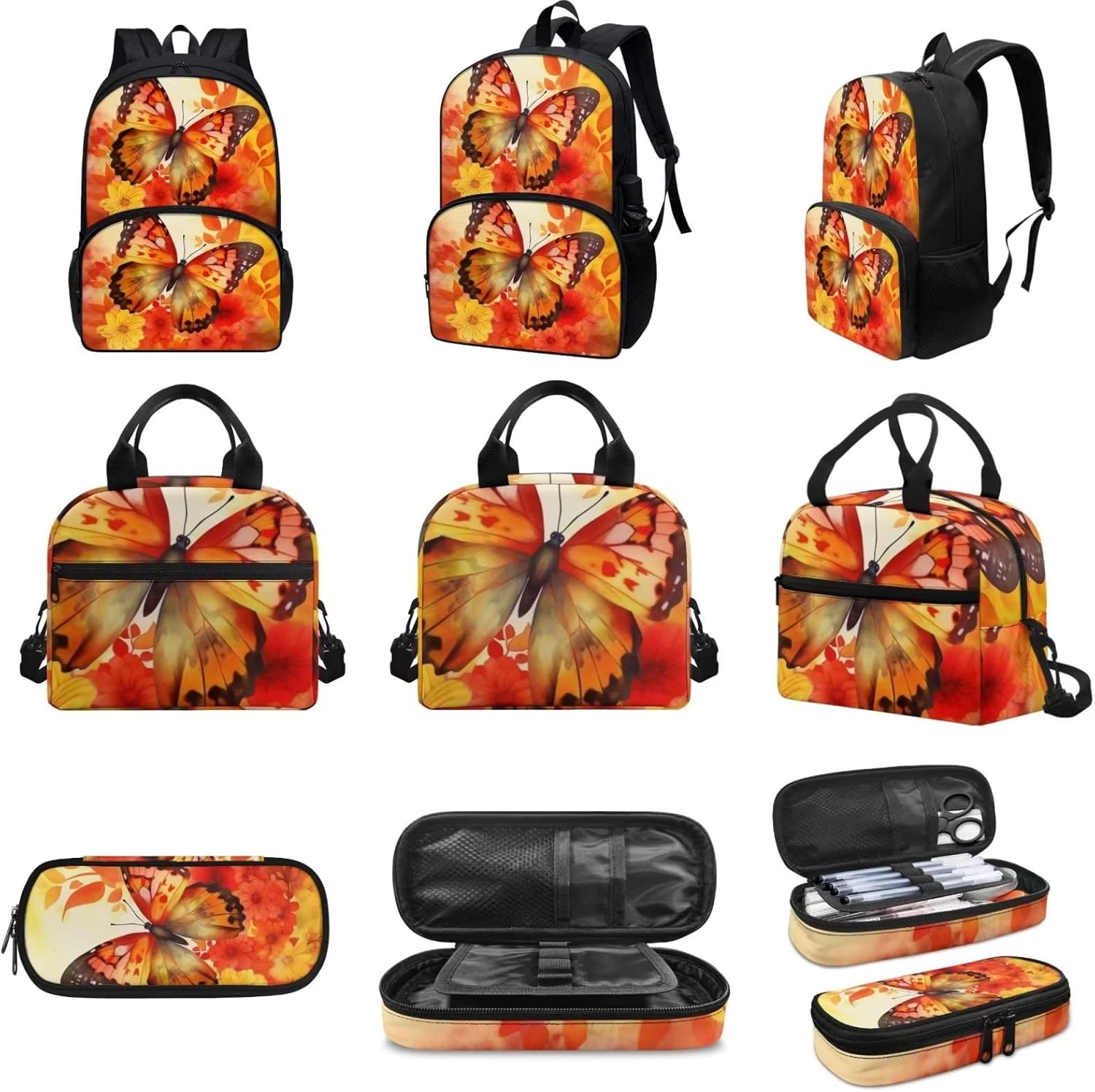 Orange Floral Butterfly Backpack Set for Girls Kids Lightweight Cute School Backpack with Lunch Box Pencil Case Adjustable Strap Padded Book Bag Insulated Lunch Bag