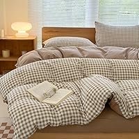 NSNLGSGC Queen Brown Gingham Plaid Duvet Cover Set - Soft Washed Microfiber 3PC Bedding, Lightweight Breathable with Zipper & Corner Ties
