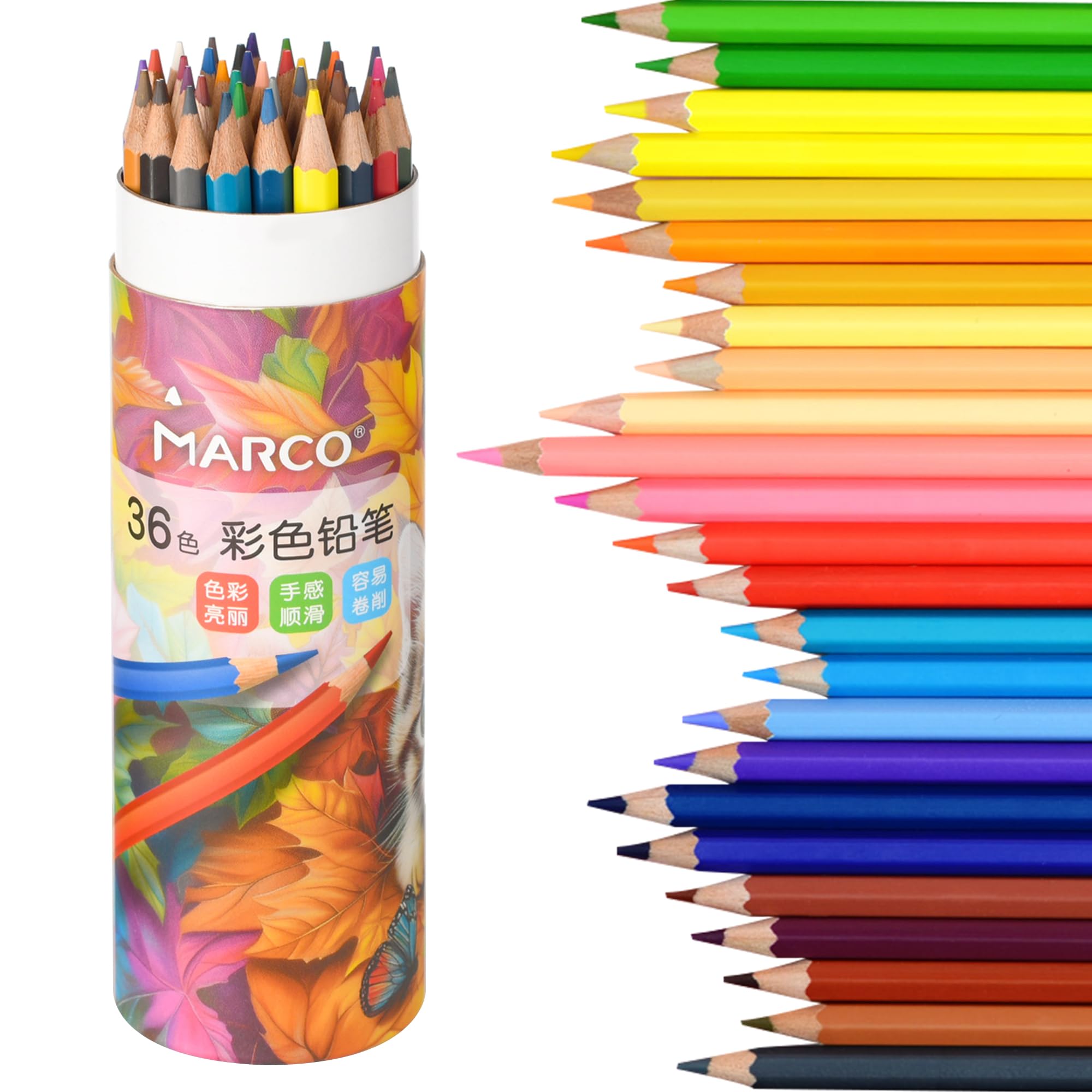 Marco Lápices de colores, a base de aceite, 36 colores, libros para colorear, plomo de 2,9 mm, resistente a la rotura, colores vibrantes y textura suave, juego de lápices de colores, vástago hexagonal