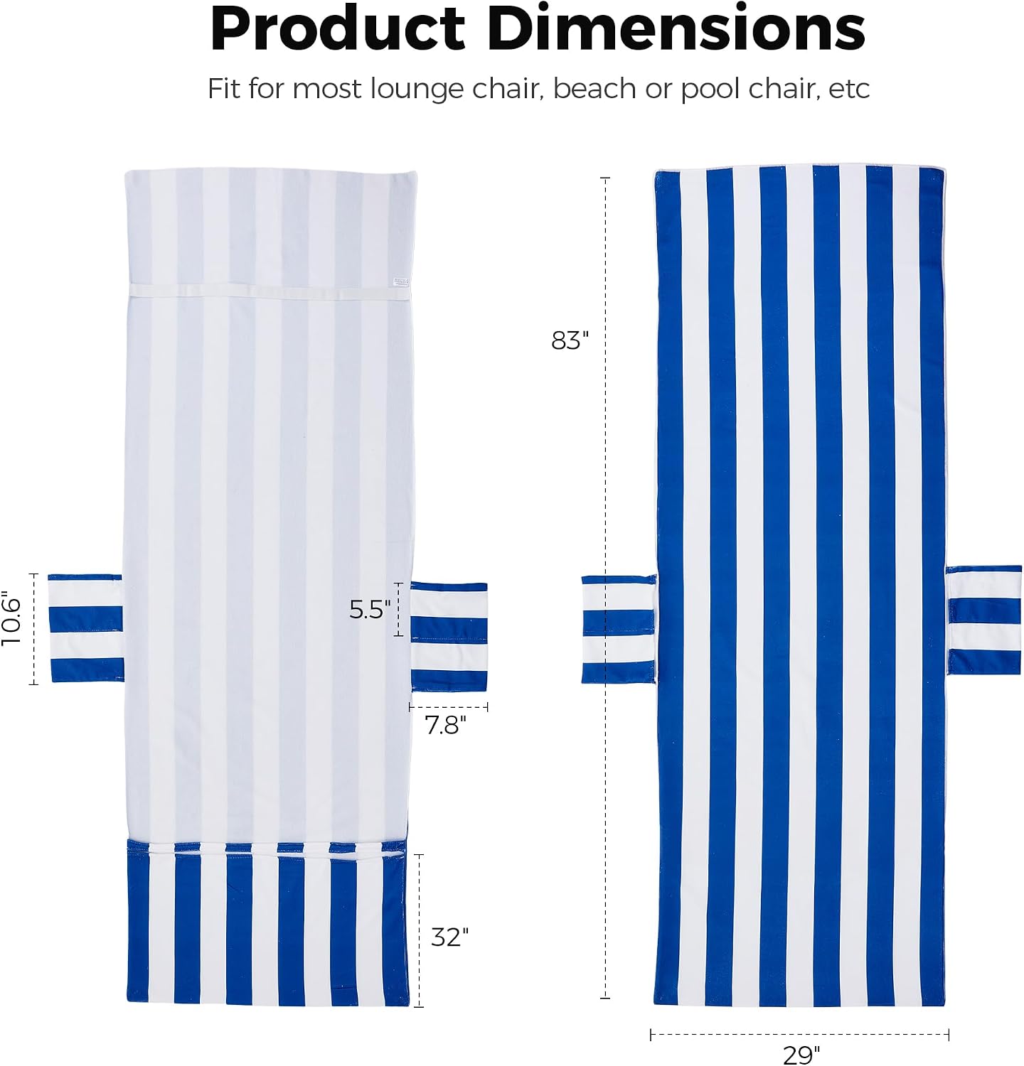 Lounge Chair Towel Covers, 2 Pack Outdoor Chaise Lounge Slipcover, 83" X 29" Stripe Microfiber Beach Chair Cover, Soft Absorbent Chaise Cover with Pockets for Pool Garden Patio, Navy Blue