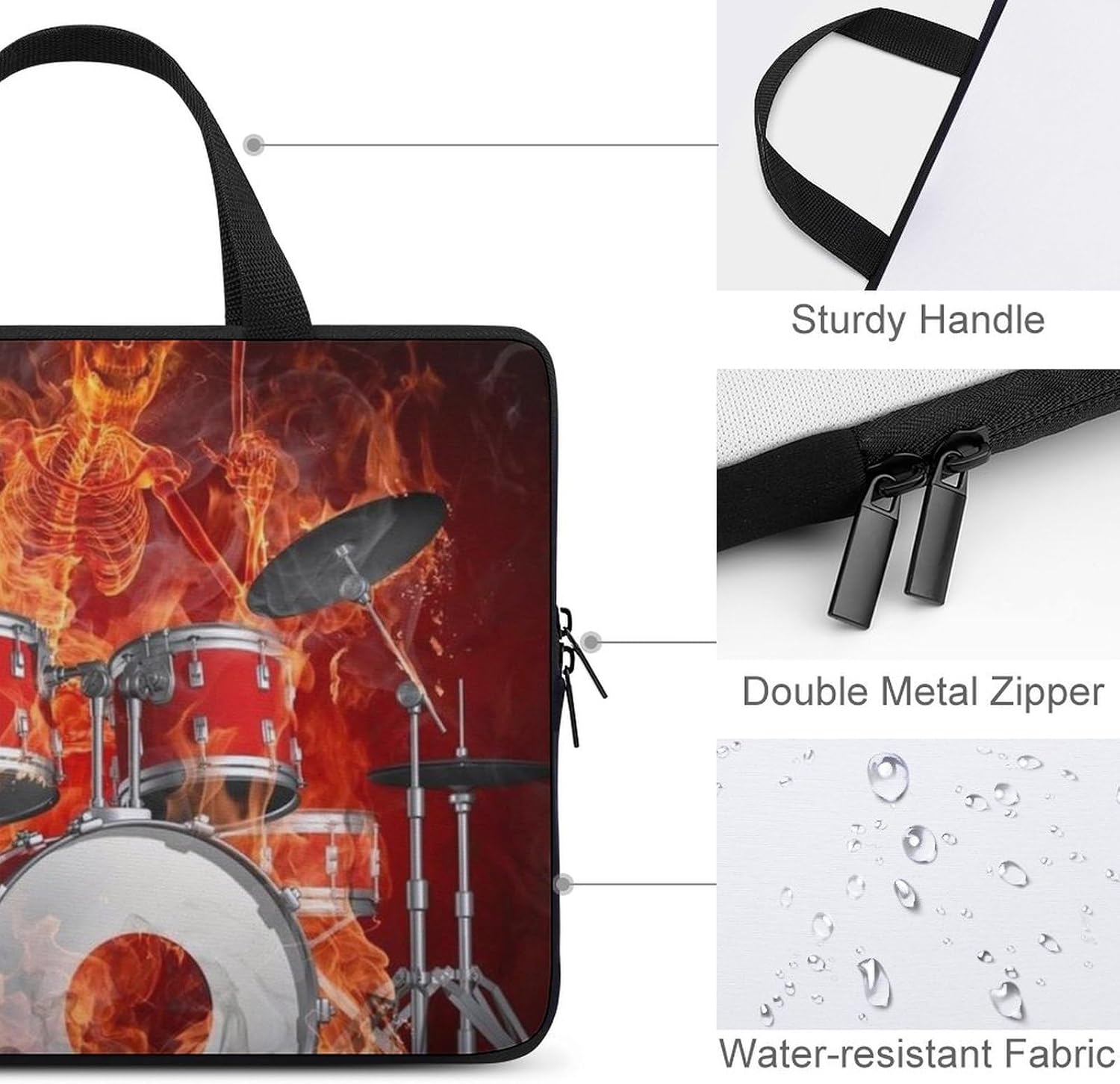 Rock Roll Drums Flame Drummer Skull Carrying Laptop Bag Slim Briefcase Computer Case Business Handbag Backpack