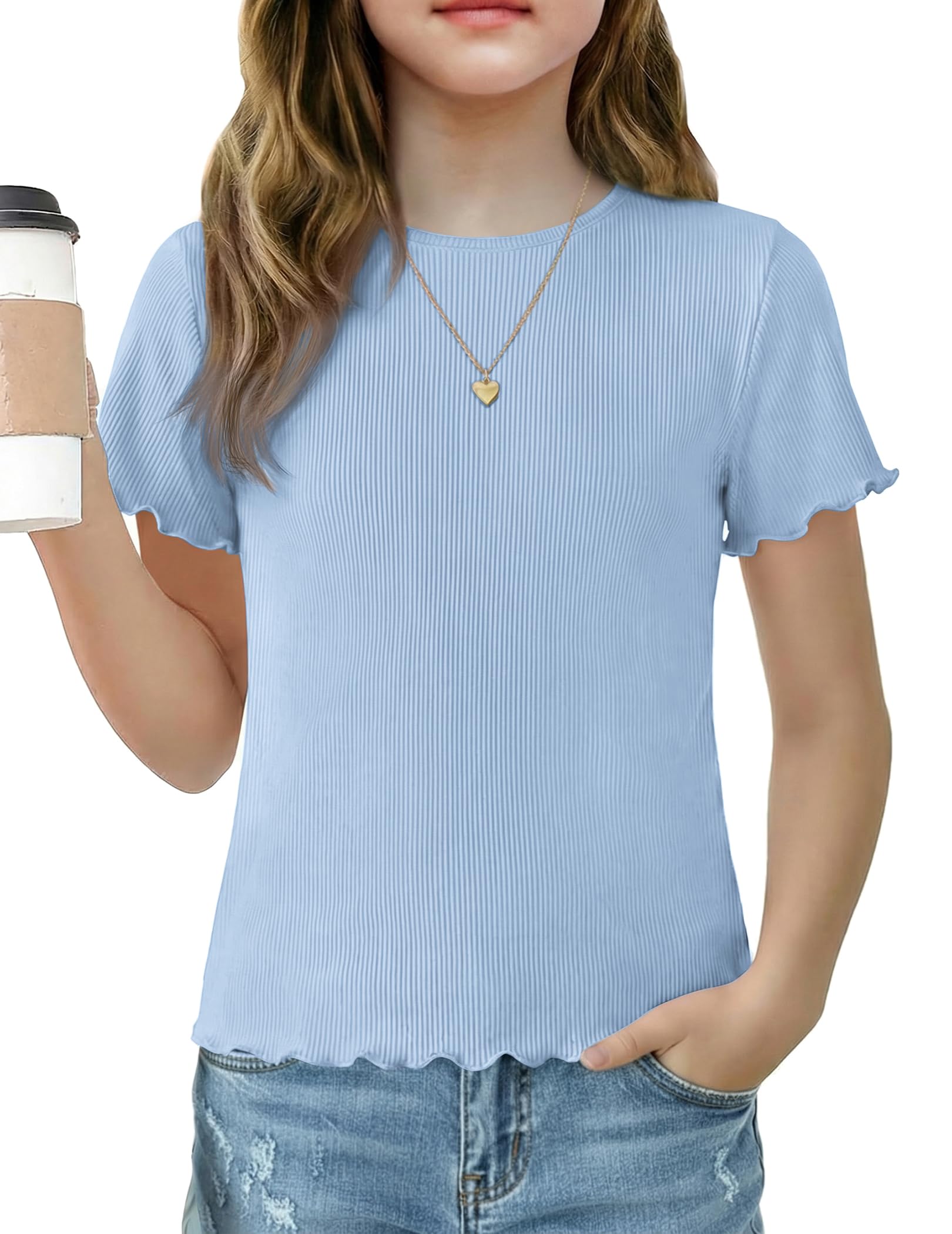 Arshiner Tshirt Mädchen Strickshirt Kurzarm Gestrickt Oberteil Dünn Kinder Sommer Rundhals Rüschen Tops T-Shirts 5-12 Jahre