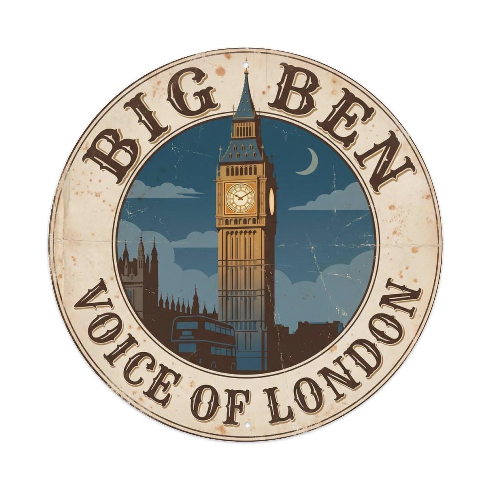 Vintage Travel Big Ben Westminster Metal Tin Sign Plaque Wall Decor for Cafe, Club, Garden Round Metal Poster 8x8Inch