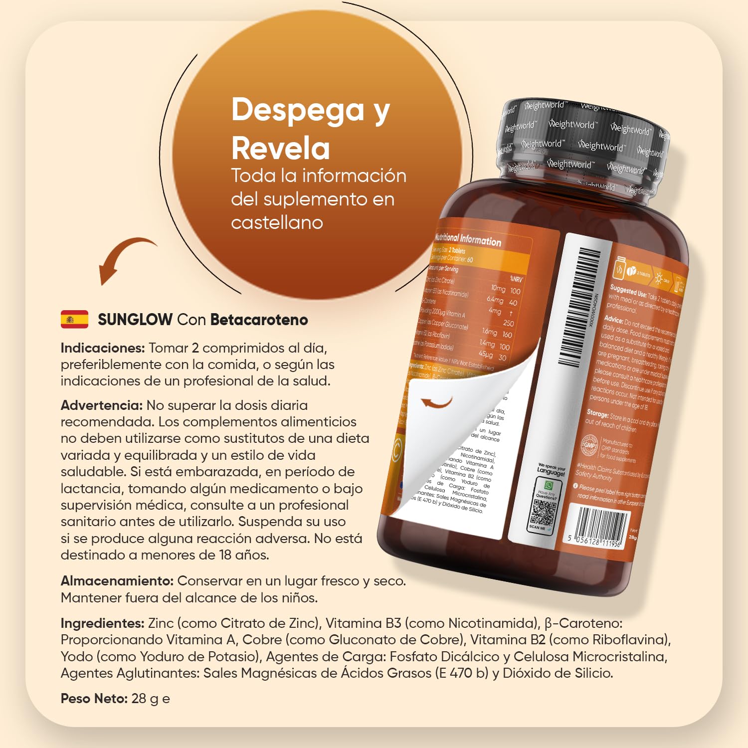 Sunglow Betacaroteno Complex - 120 Comprimidos con Zinc, Yodo, Vitamina B2 y B3 - Con Cobre que Contribuye a la Pigmentación Normal de la Piel (EFSA) - Apto para Veganos - 2 Meses de Suministro