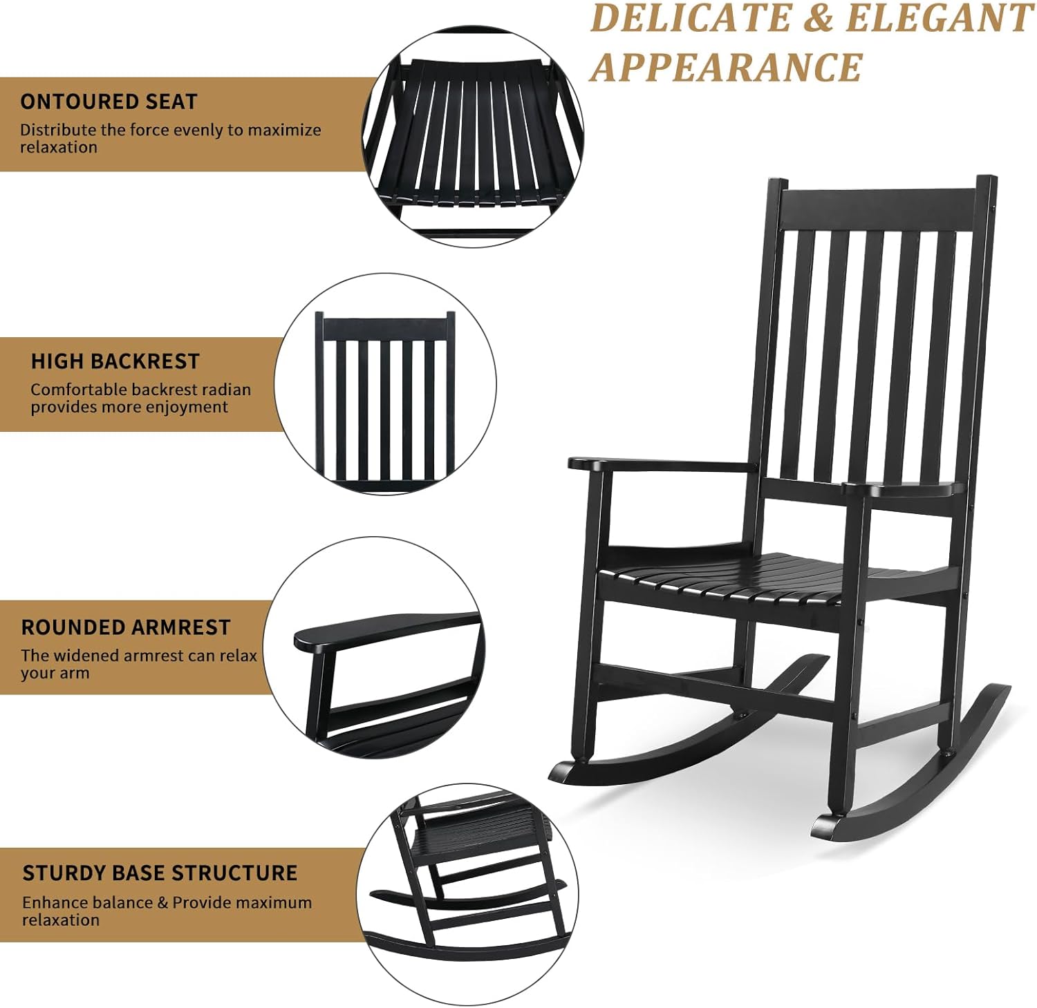 All-Weather Outdoor & Indoor Rocking Chair, Porch Rocker with 385 lbs Weight Capacity, Front Porch Rocking Chair for Patio, Backyard, Lawn, Garden and Fire Pit (Black)