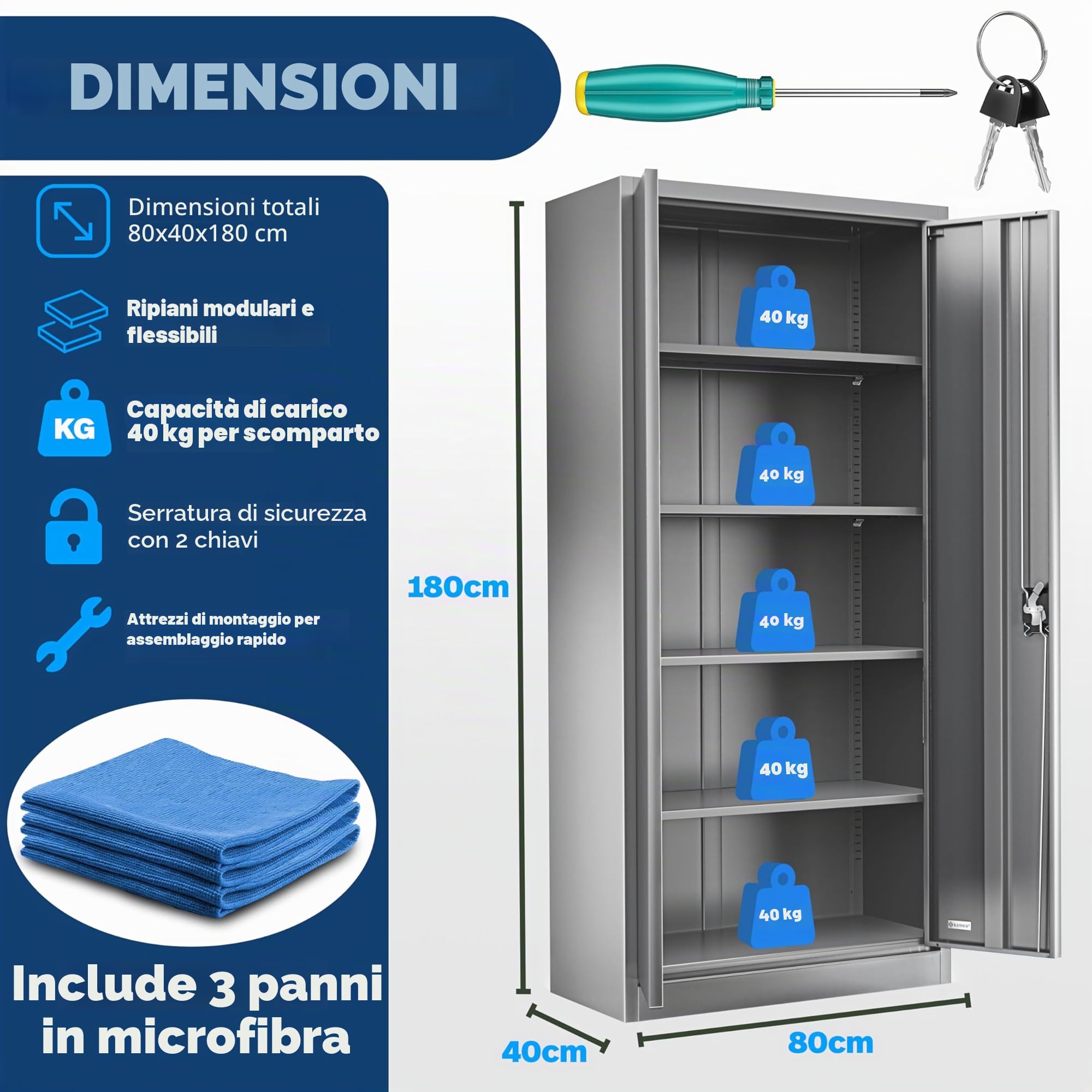 KESSER® Armadietto con serratura con ante a battente, 180 x 80 x 40 cm, in acciaio con 4 ripiani regolabili in altezza, 5 scomparti flessibili, max. 40 kg per scomparto, incluse 2 chiavi