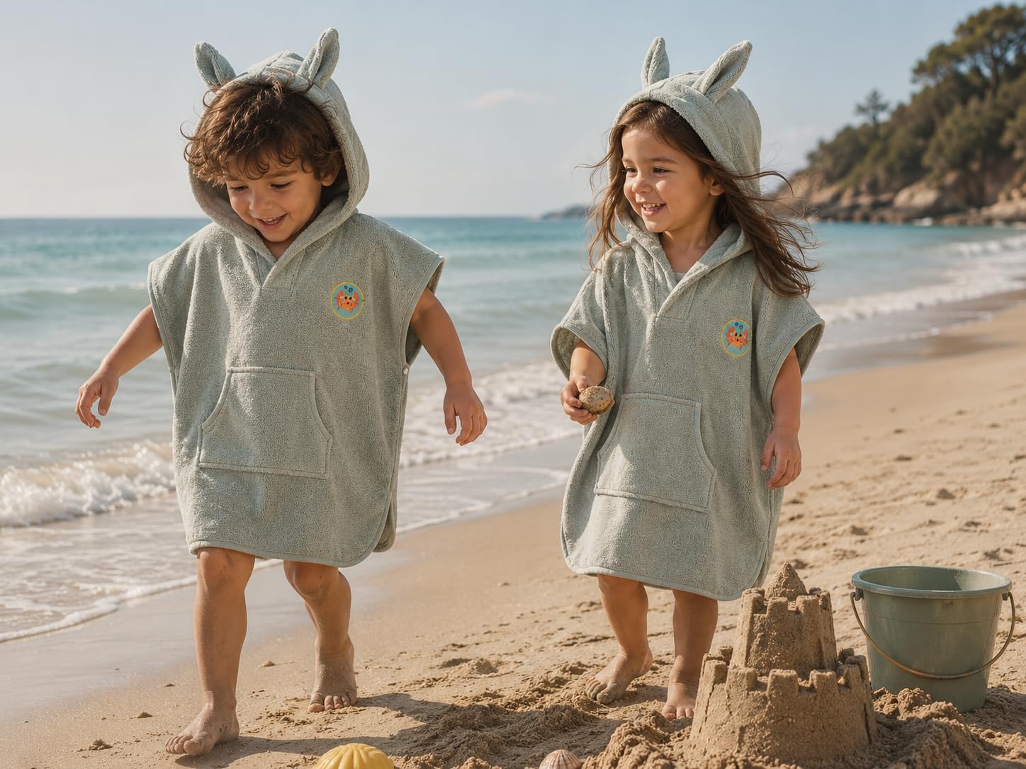 PandaHome Linden & Green Badeponcho Kinder, Frottee-Poncho für Jungen und Mädchen aus 100% Baumwolle, Morgenmantel mit Kapuze, Schnelltrocknend Weich Saugstark Bademäntel 400 g/m²