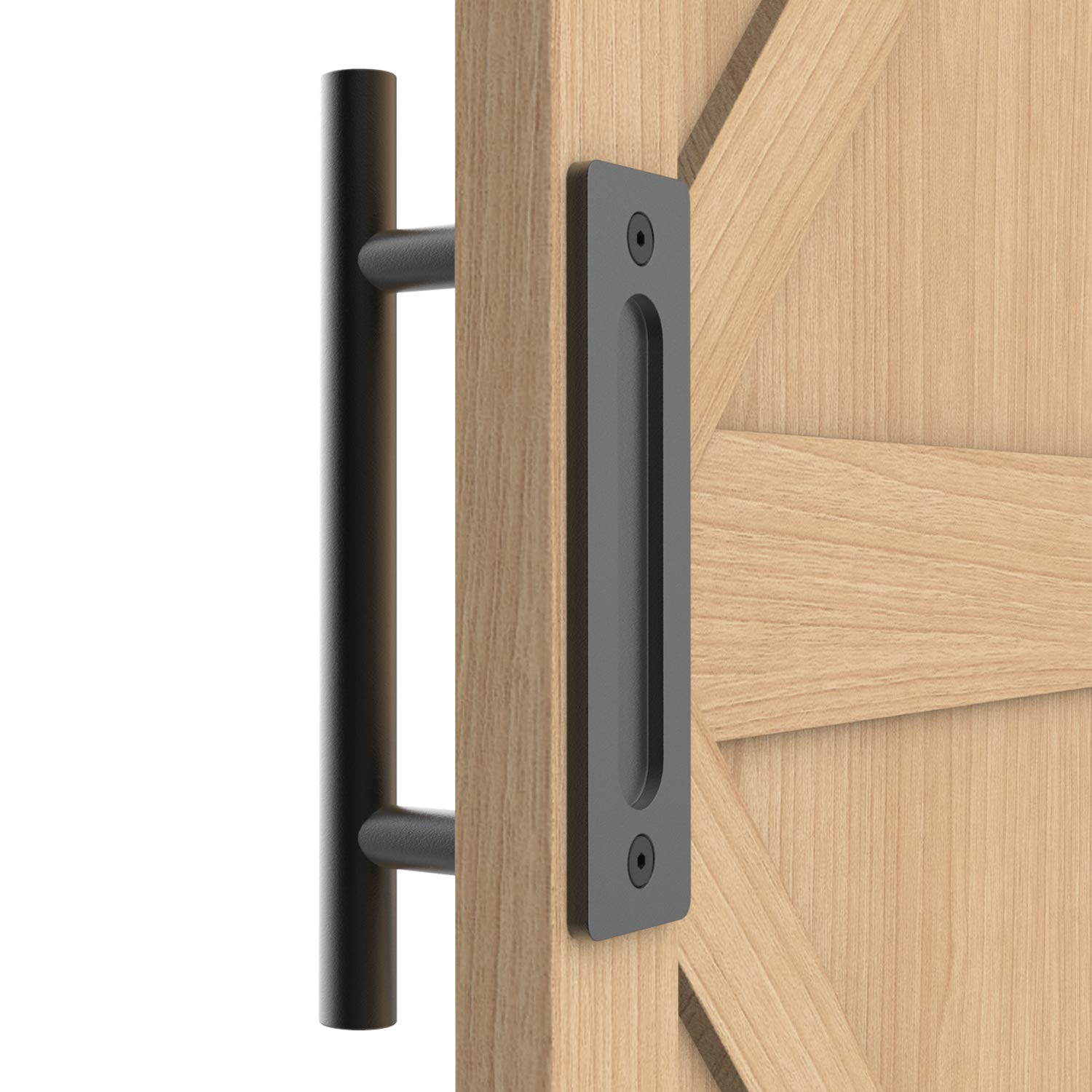 SANKEYTEW 12" Sliding Barn Door Handle Pull and Flush Hardware Set, for Barn Door Gates Garages Sheds, Rustic Style, Black Round