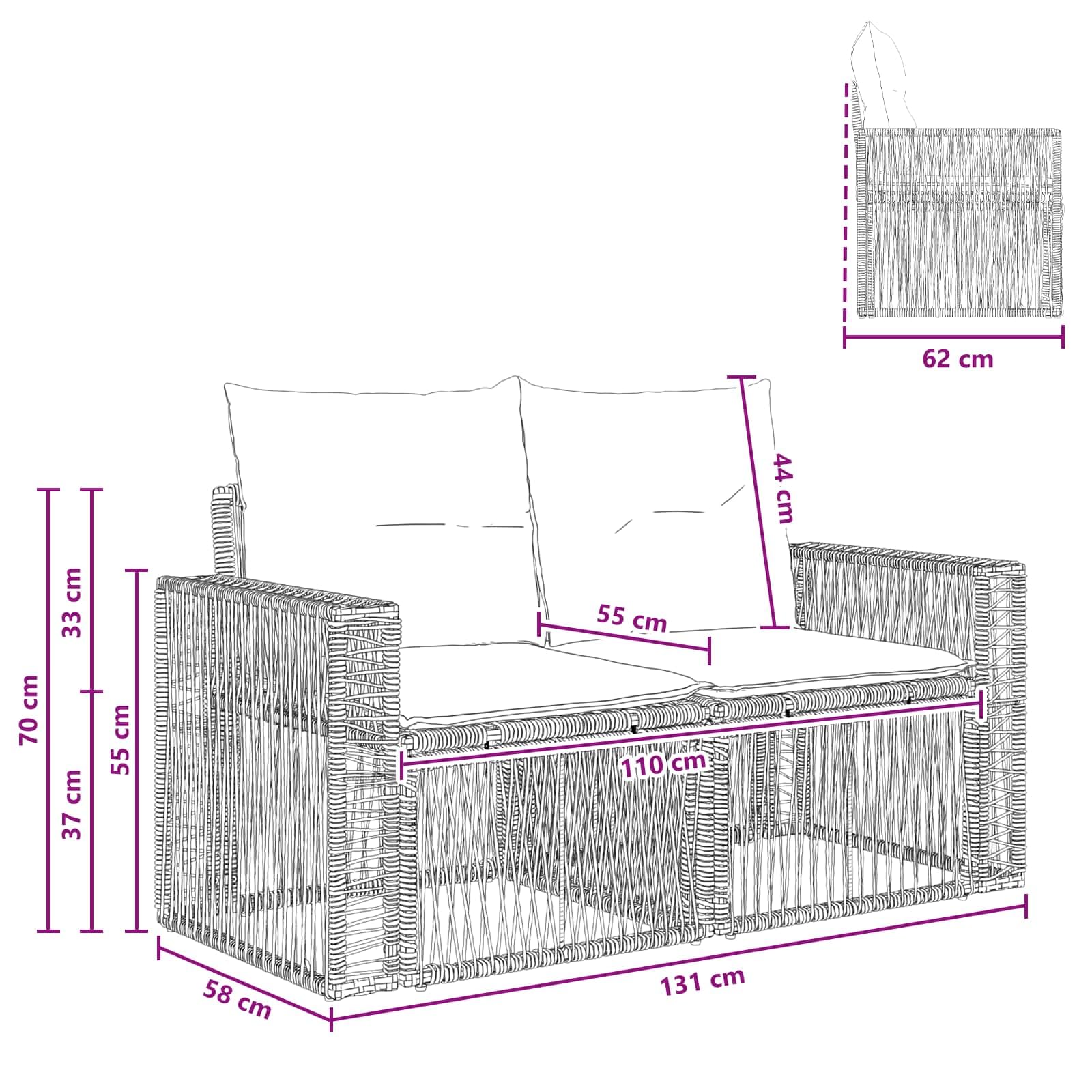 Set Divano da Giardino Modulare 2 Posti in Polyrattan Nero | Salotto modulare a 2 sedute con piedini regolabili per patio e terrazzo. Cuscini sfoderabili e lavabili inclusi.