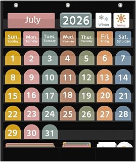 REGELETO Large Boho Calendar Pocket Chart with 96 Cards for Classroom, Size:32.25 x 24.125 inch Black Monthly Calendar and Weather Pocket Chart for Student Learning for Home or School.