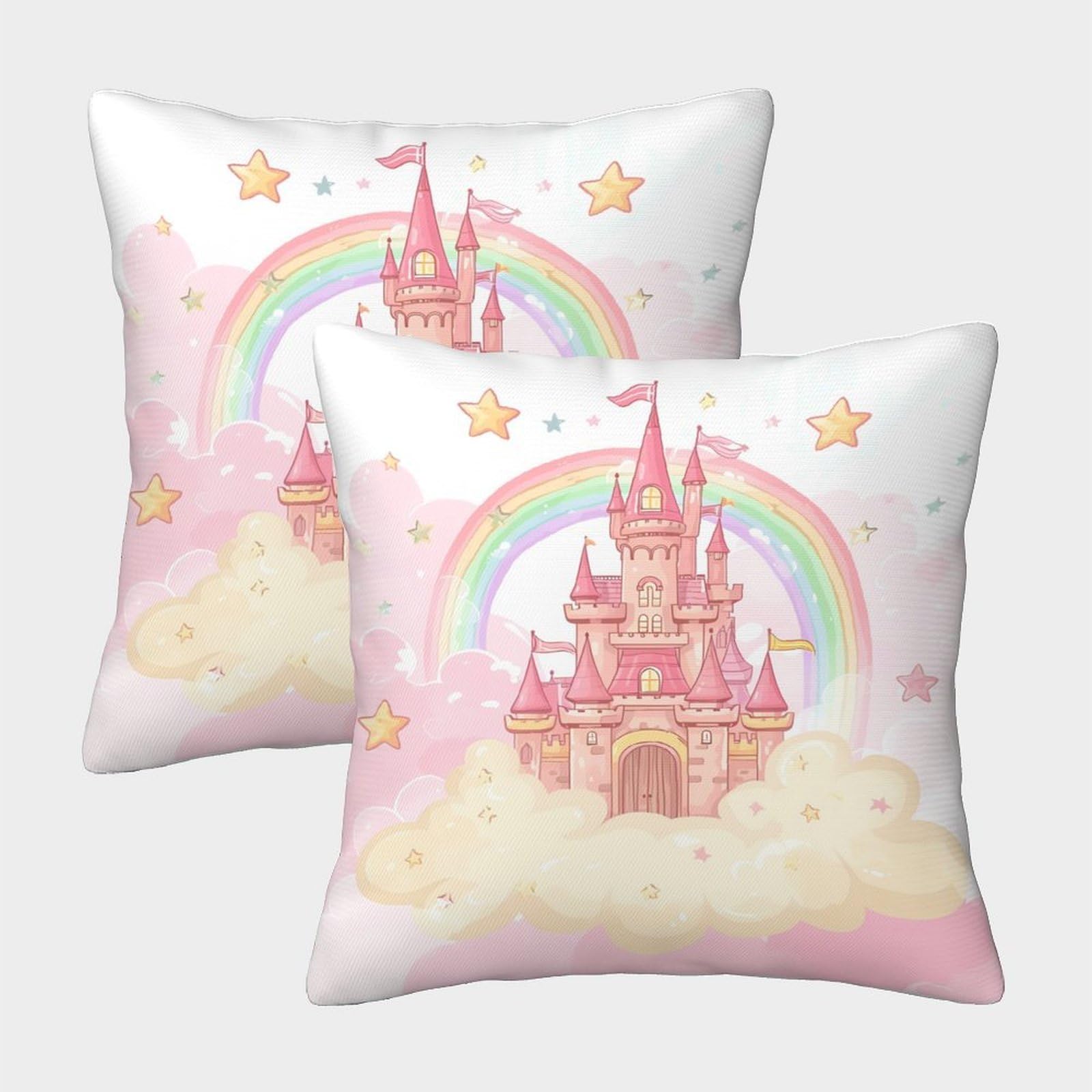 QFVANSIYO Fairytale 3D Printed Rainbow Castle Pillowcase Microfiber Bedroom Decor Castle Pillow Cover Soft Breathable for Home 50x50cm