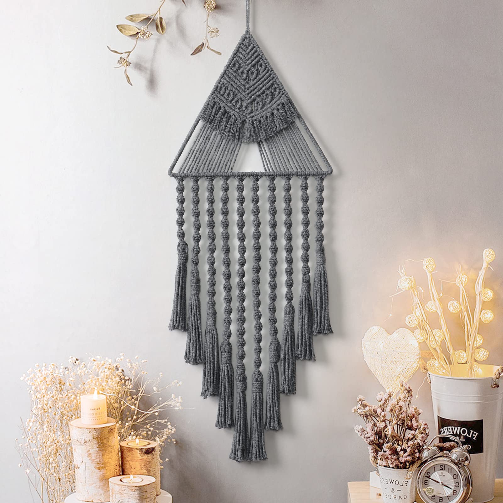 ASTNIC Tapiz de pared de macramé, atrapasueños geométrico, con borlas, atrapasueños tejido, boho, atrapasueños, decoración para el hogar, regalos, dormitorio, apartamento, 70 cm (gris)