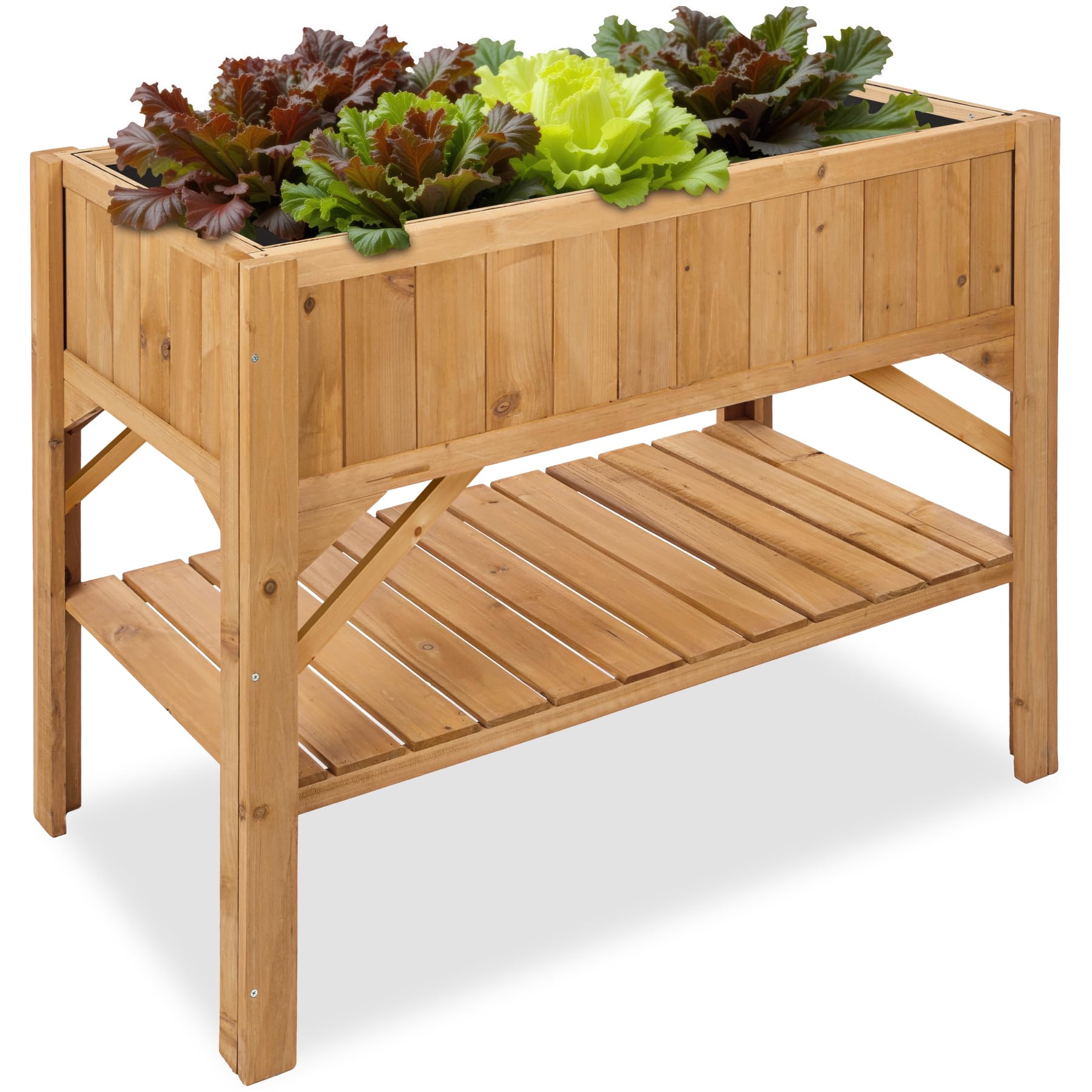 tectake® Jardinera Exterior de Madera, Cama Elevada con Inserto Protector, Jardinera con Lámina de Protección y Estantería, Resistente a Viento e Intemperie, Ideal Huerto Urbano, Macetero,119x57x90cm
