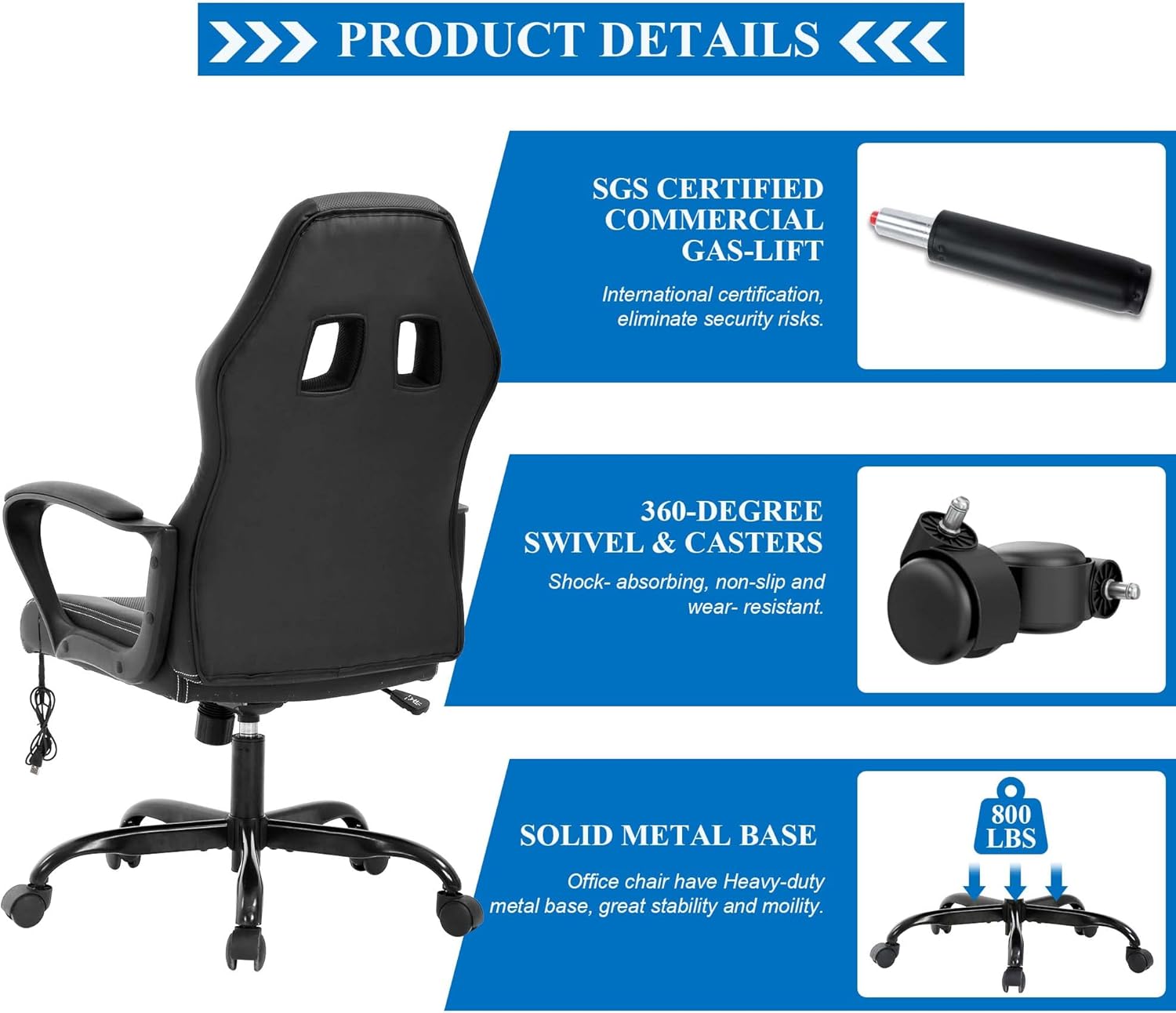 PC Office Chair Gaming Desk Chair, Ergonomic Heavy Duty Leather Racing Video Game Office Chair with Massage Function Lumbar Support for Home Office Computer Gaming Chairs Video Game Chairs - Black