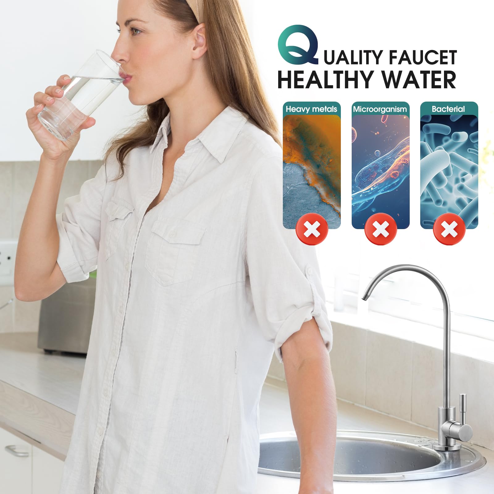 Grifo de agua potable de níquel cepillado SUS304 de acero inoxidable para cocina, grifo de filtro de agua de ósmosis inversa sin plomo
