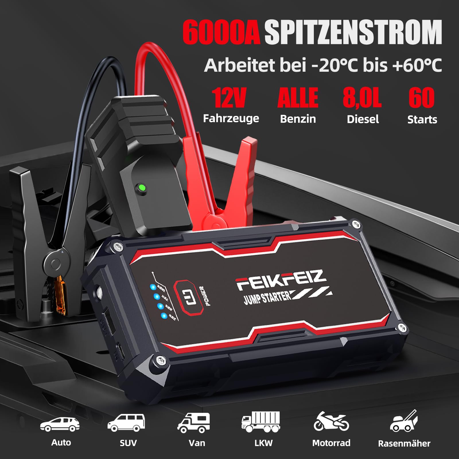 FEIKFEIZ Auto Starthilfe Powerbank, 6000A Spitzenstrom 26800mAh, Geeignet für 12V Auto Batterie (Alle Benzin und Bis Zu 8,0L Diesel), mit USB-Ladeausgang und LED-Licht