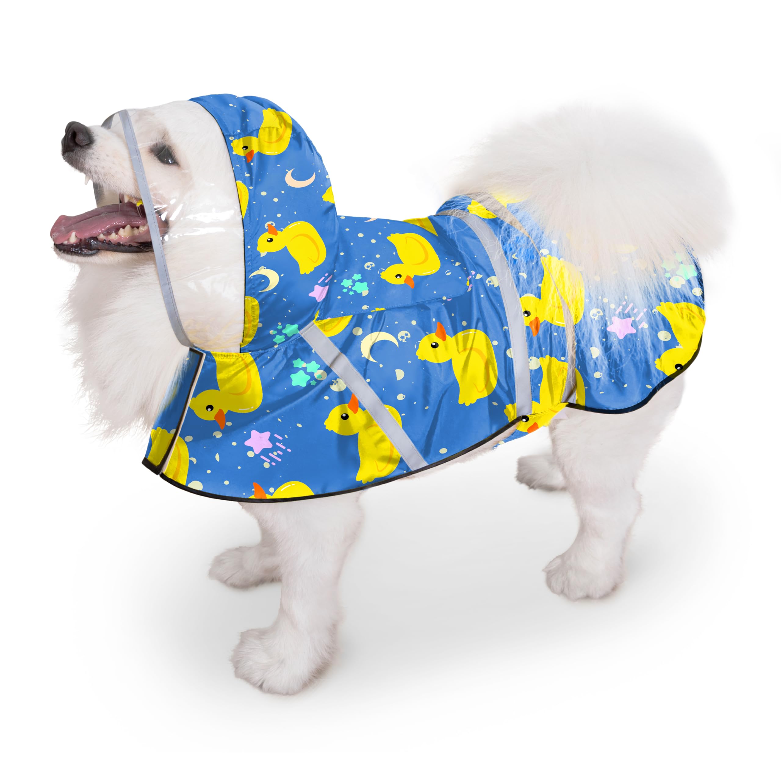 Dog Raincoat, Adjustable Rain Jacket with Hooded Double Layer for Large Medium Small Dogs Puppies, Lightweight Waterproof Rain Coat Poncho with Reflective Stripe Duck Blue,L