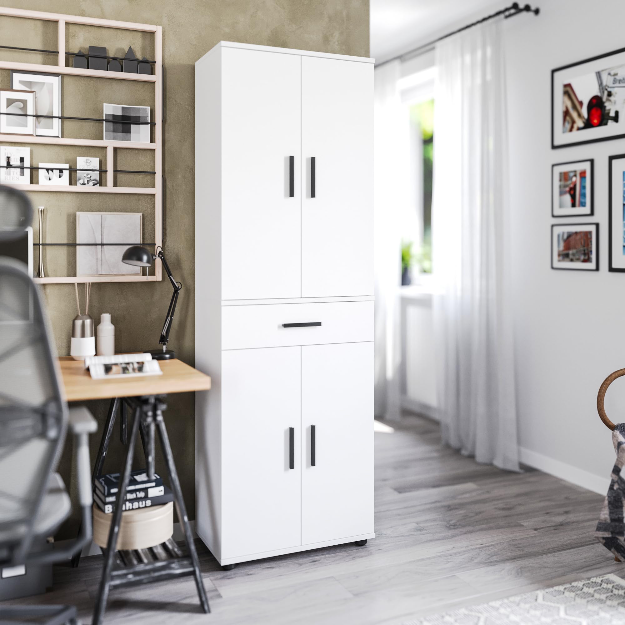 KOMTO Mehrzweckschrank 60 cm Breit - Schrank Weiß, Kleiderschrank mit 1 Schublade, Hochschrank, Büroschrank, Bücherschrank mit 4 Türen | Porto 180 х 34 х 60 cm