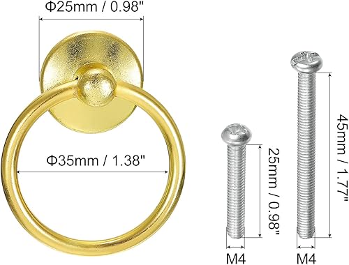 Miniatura 2 de uxcell 2 tiradores redondos de anillo, pomos de tocador dorados para cajones, con un solo agujero para armario, armario