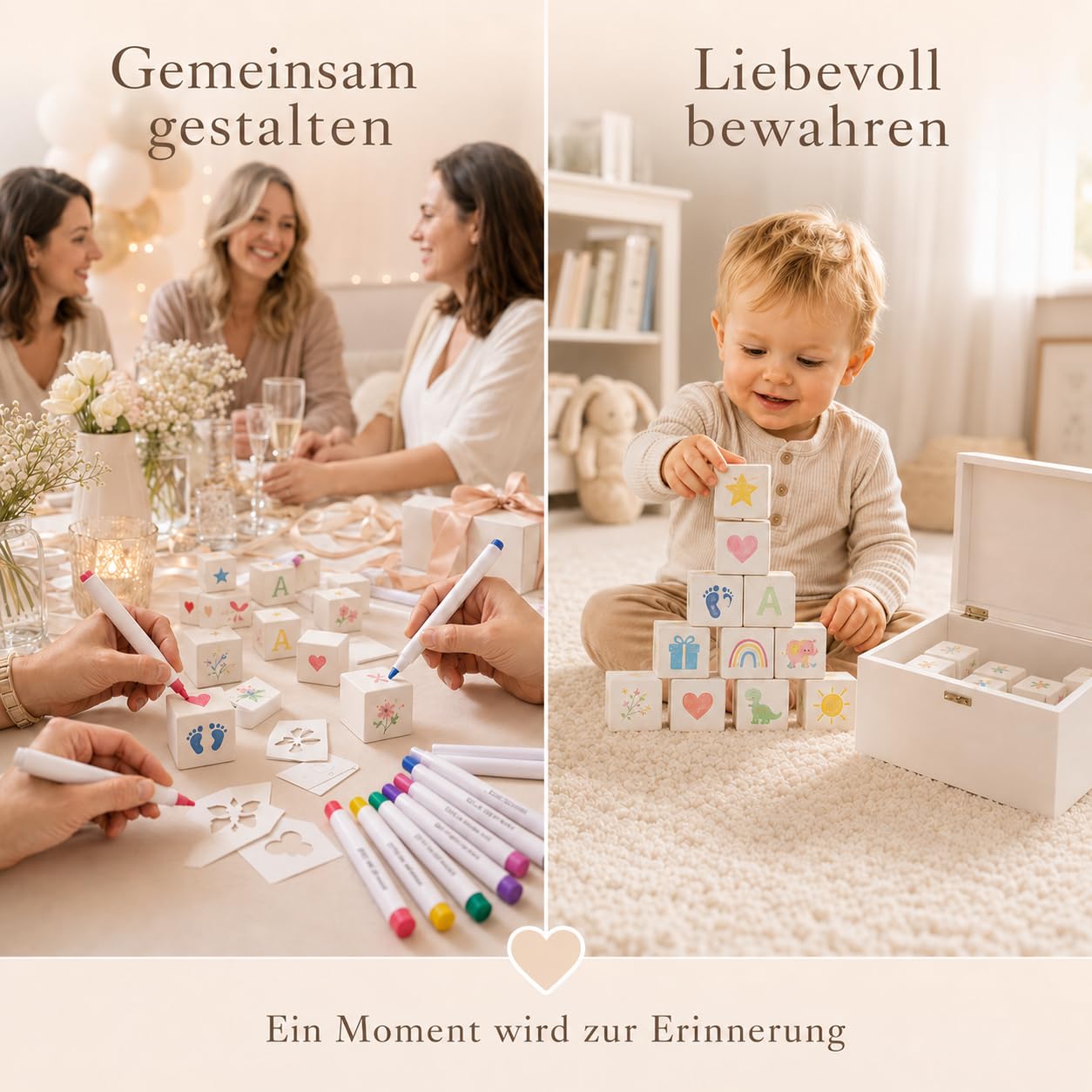 Juego de 102 juegos de baby shower, juegos de fiesta de bebé y revelación de género para invitados, con 48 cubos de madera blanca para pintar, 40 plantillas, 12 lápices, cartel de madera y caja de