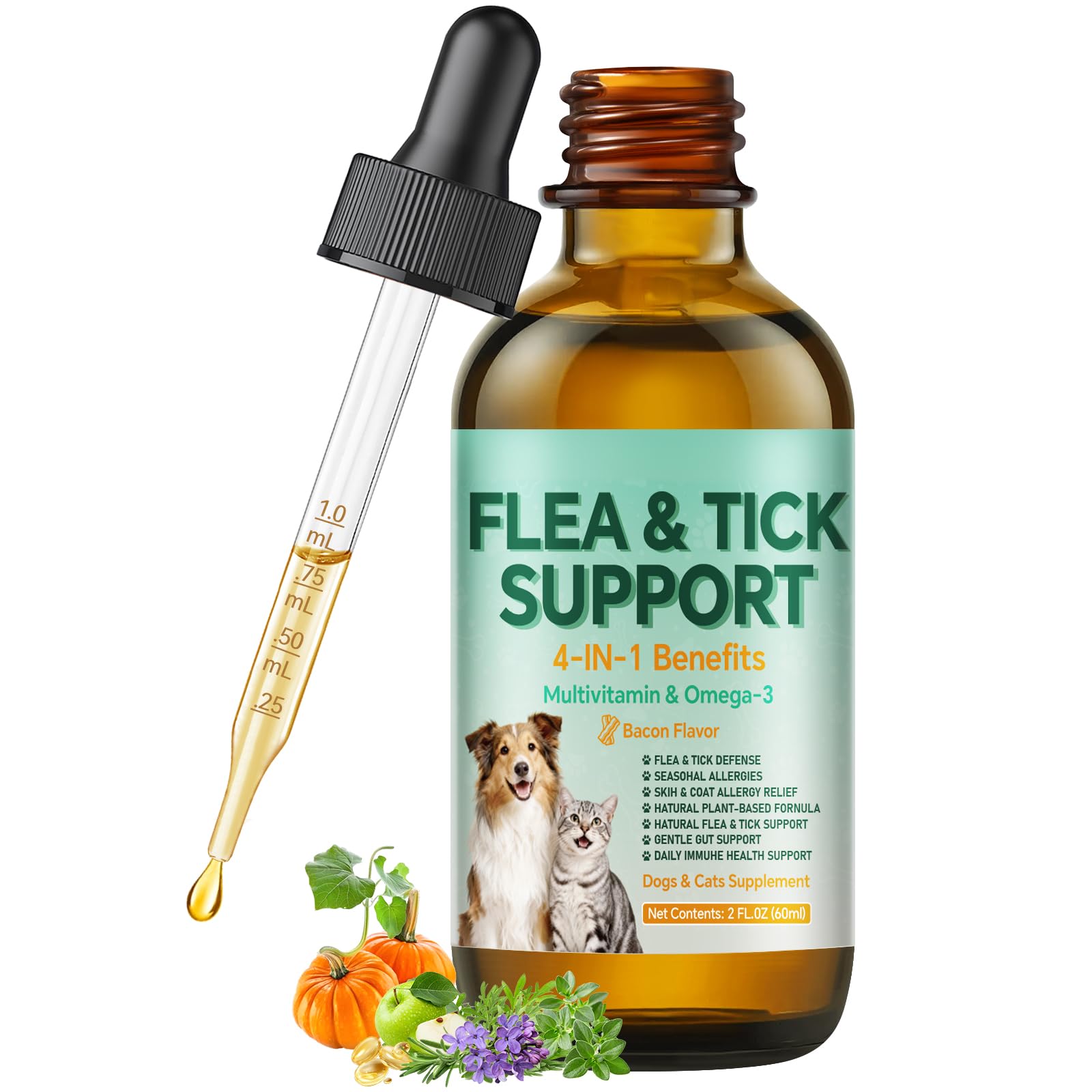 Flea & Tick Support Drops for Dogs & Cats, Natural Liquid Supplement with Omega-3 & Multivitamins, Supports Skin & Coat Wellness for All Breeds and Ages, 2 fl oz