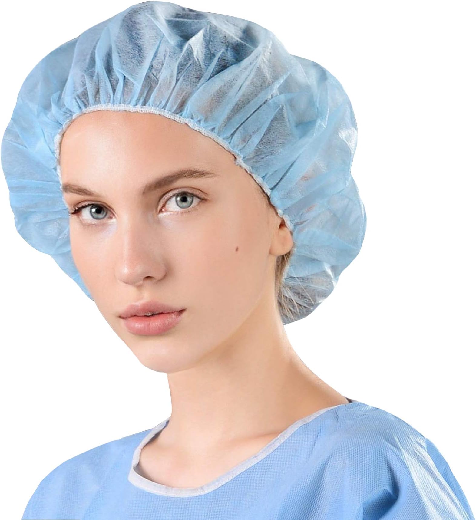AMZ Medical Supply Blue Disposable Bouffant Caps Medical, 24 Inch. Pack of 100 Disposable Hair Covers for Nurses. Breathable Polypropylene Bouffant Caps with Elastic Band for Food Service
