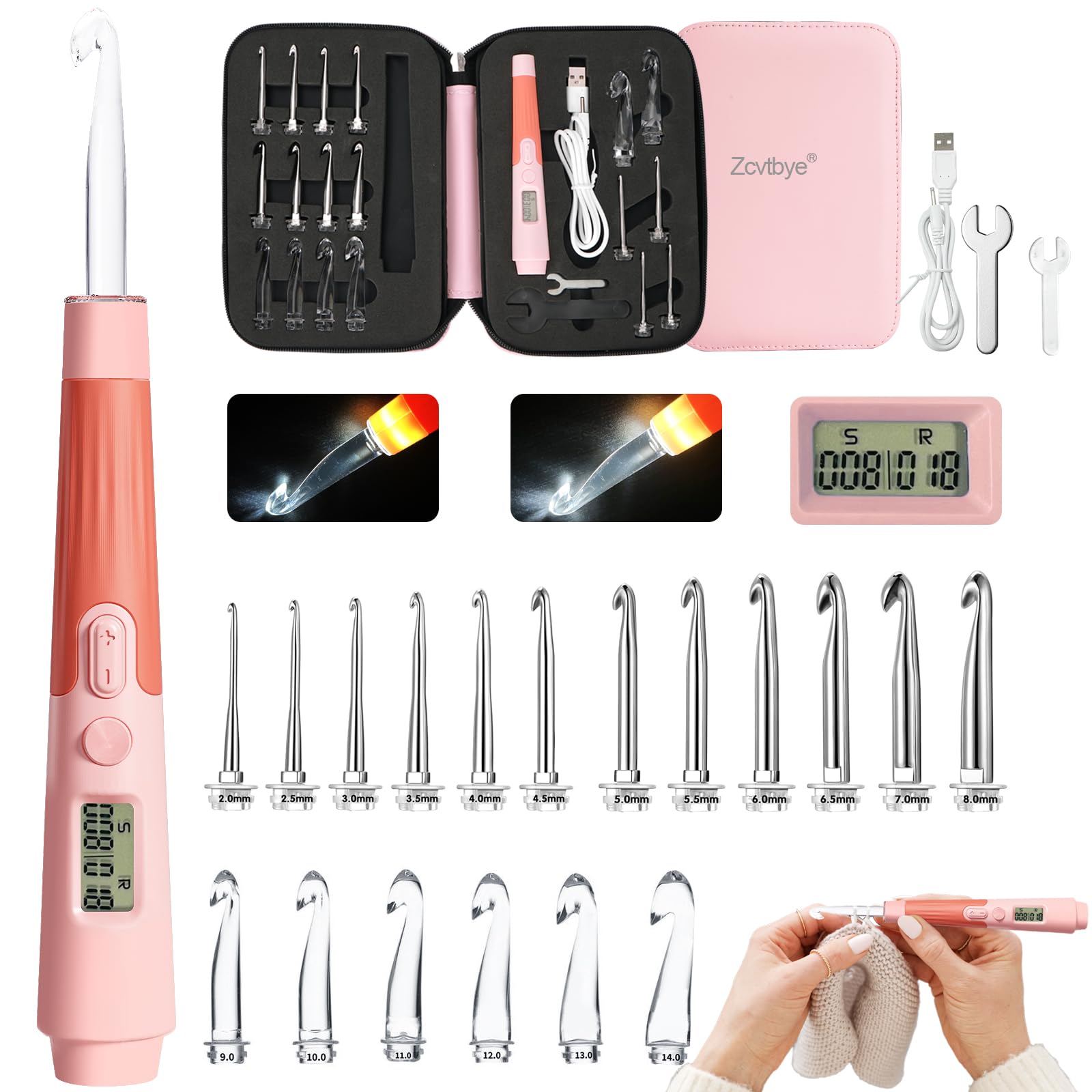 Transplant Pink 18 In 1 Led Lighted Crochet Hook Set With Counter, Wrenches & Storage Bag, 2.0Mm-14.0Mm Sizes, Plastic & Metal Material, Perfect For Beginners & Enthusiasts