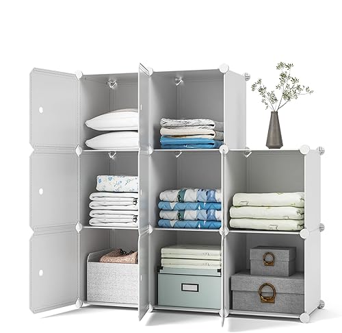 GIMTRR Almacenamiento de plástico de 8 cubos con puertas, organizador de armario de ropa, blanco, estantería apilable, armario para dormitorio,