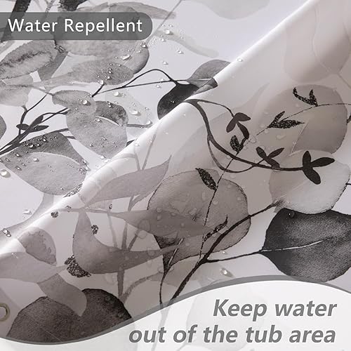 Miniatura 4 de Cortina de ducha de eucalipto blanco y negro para baño con 12 ganchos, cortinas de ducha mejoradas impermeables con hojas de plantas, cortina de