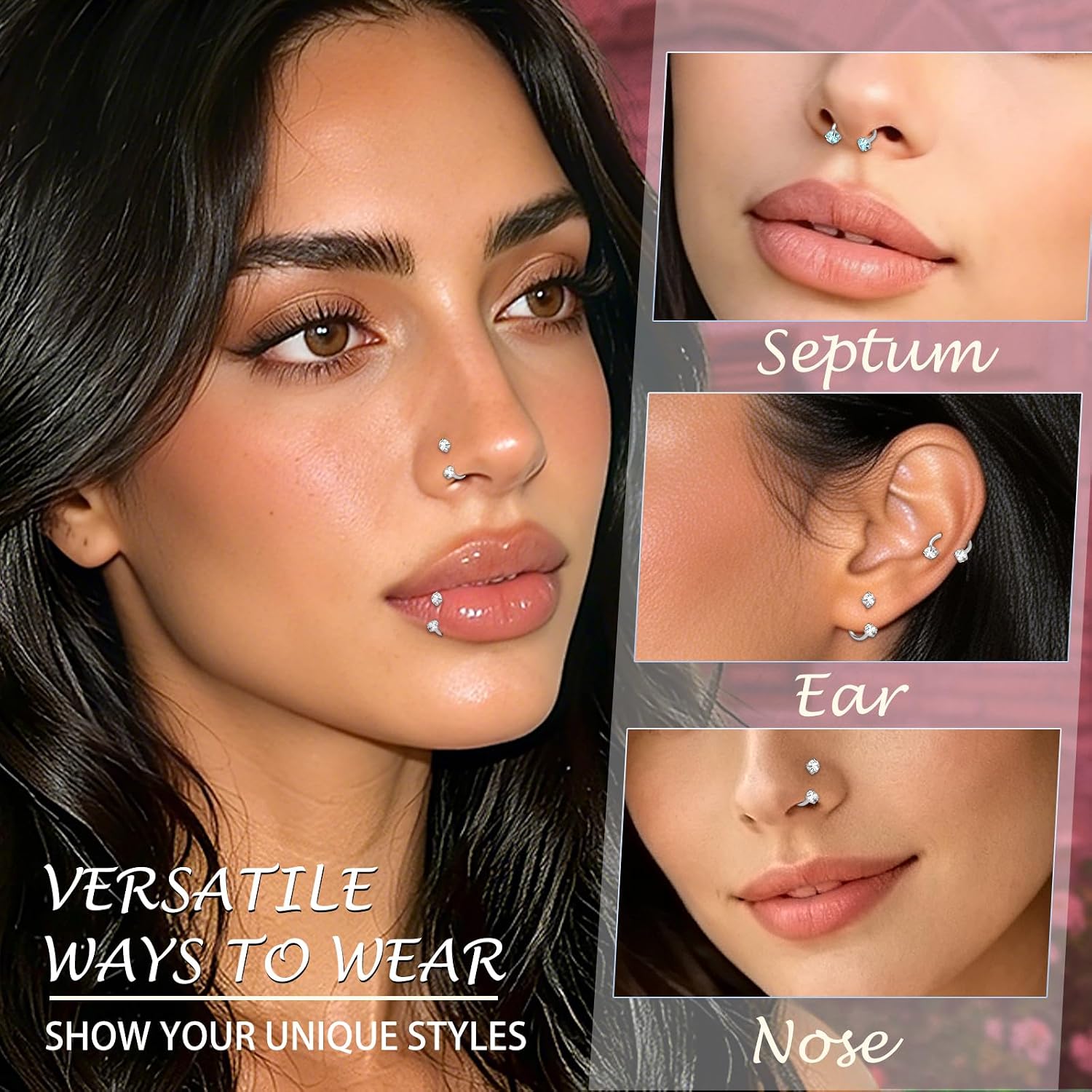 ONESING 18G Horseshoe Nose Rings for Women Surgical Steel Double Gem Half Nose Rings Hoops Internally Threaded Cartilage Helix Tragus Eyebrow Lip Nose Piercings Jewelry for Women Men Silver/Gold