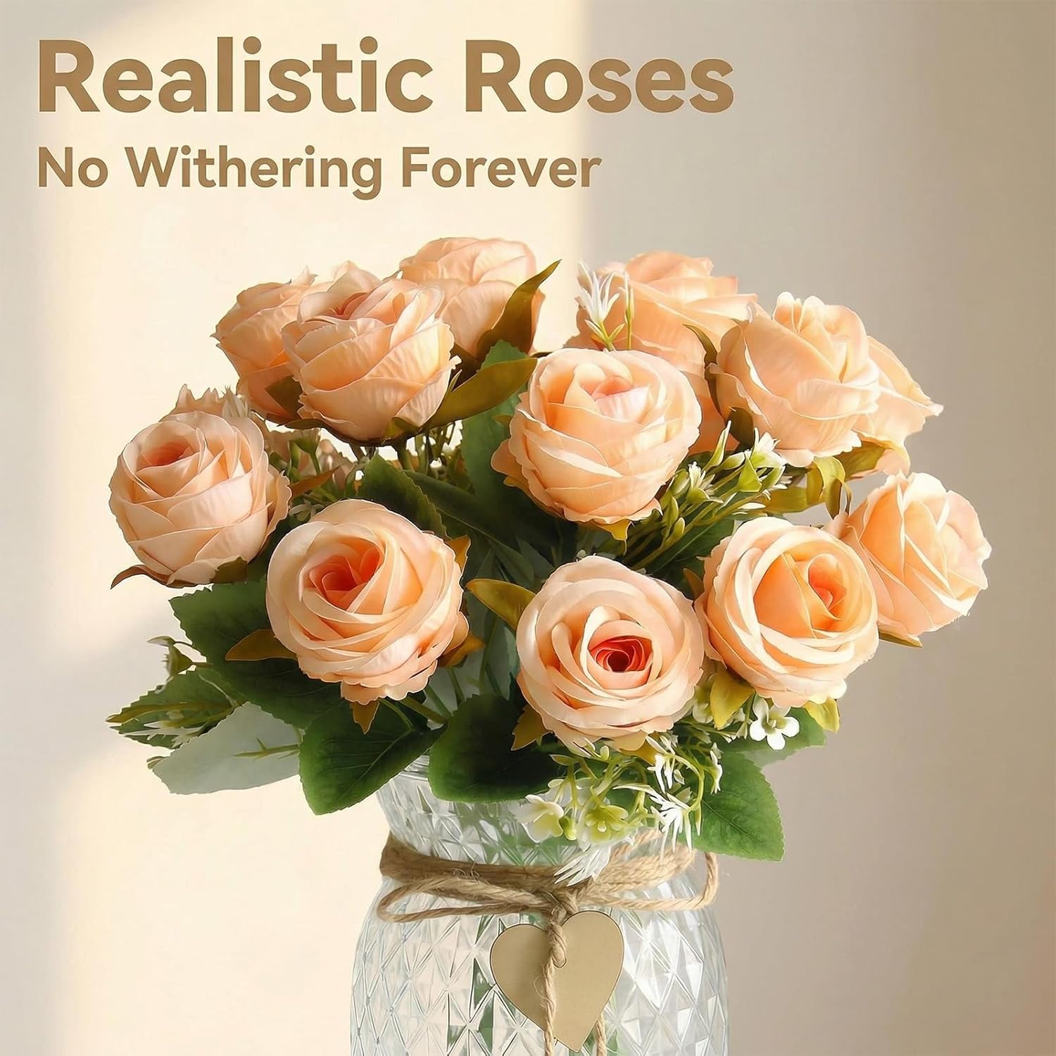 Faux Flowers in Vase, 18Pcs Fake Rose Flowers with Vase, Artificial Flowers Home Decor, Indoor Centerpiece for Living Room & Dining Table, Champagne