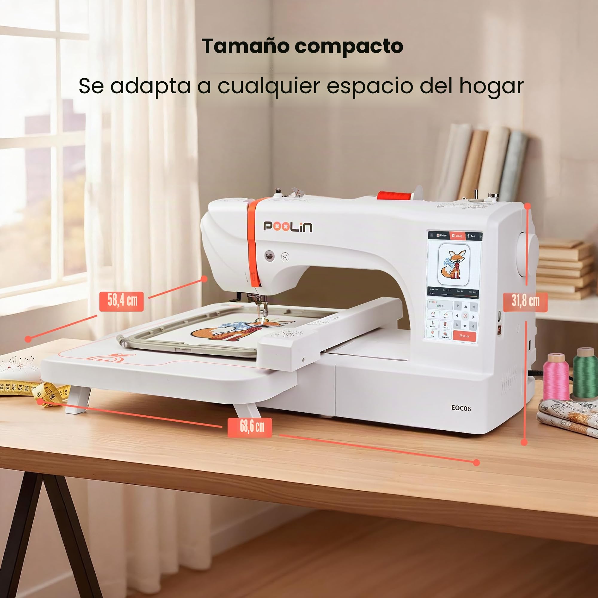 POOLIN EOC06 Máquina de Bordar, 20x28 cm Área de Bordado,Incluye 4 bastidores,Pantalla Táctil LCD de Computadora de 18 cm, Equipada con Hilo, Estabilizador, Canilla,Principiantes Para Uso Doméstico