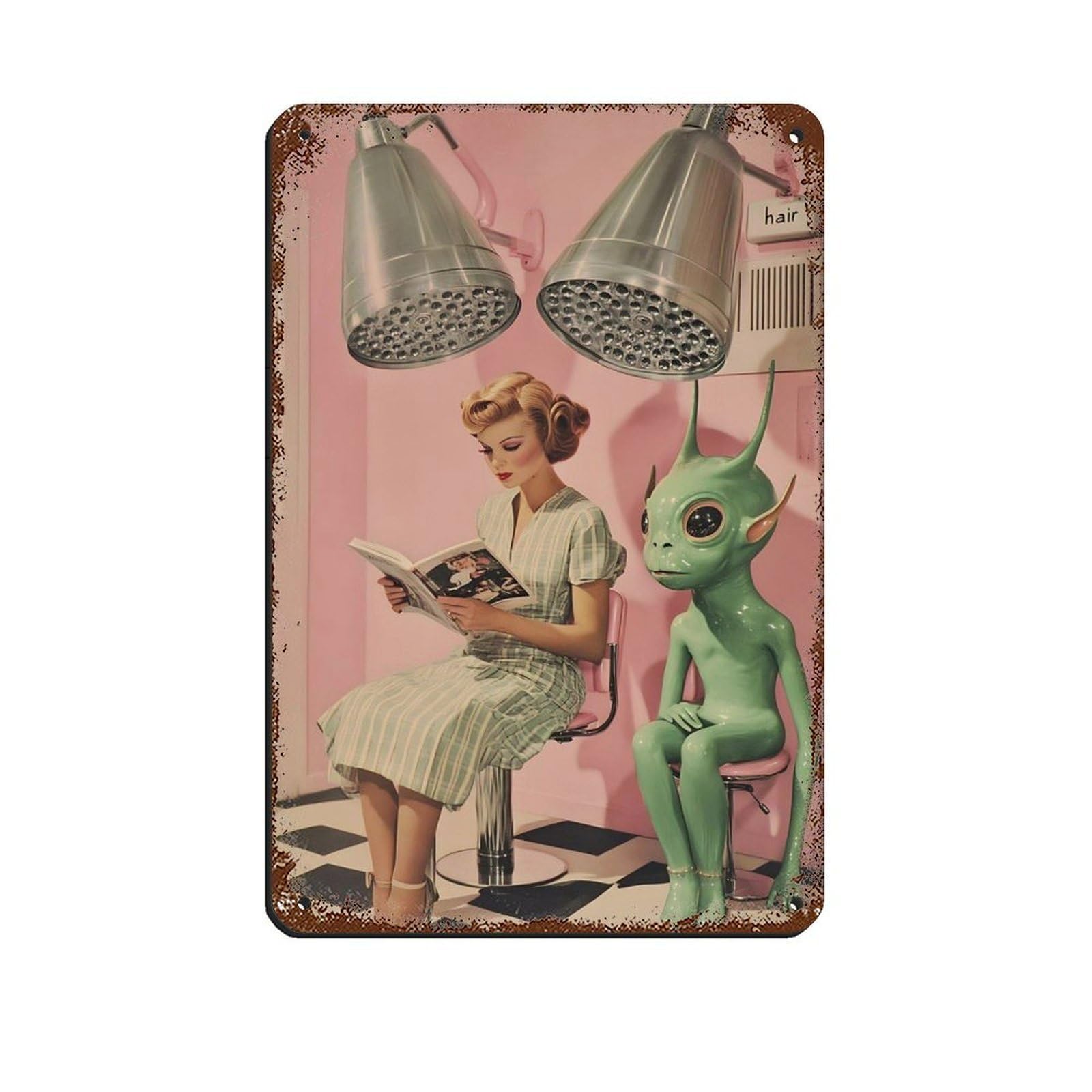 Vintage Salon Art,Alien Reading Magazine Retro Poster Metal Tin Sign Chic Art Retro Iron Painting Bar People Cave Cafe Family Garage Poster Wall Decoration 8x12inch(20x30cm)