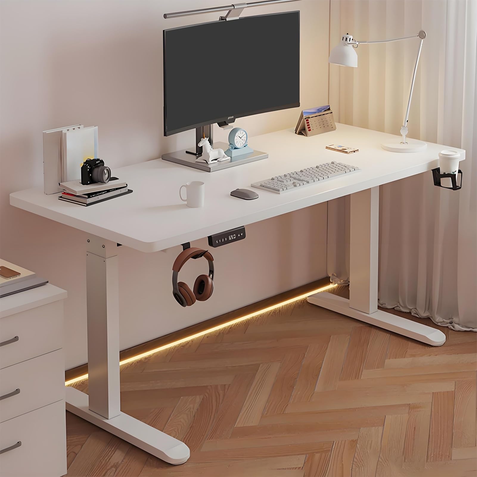 MYUYEE Height Adjustable Standing Desk With 3 Memory Presets - Gaming Desk For Home Office With Headphone Hook And Cup Holder (White-120X60Cm)