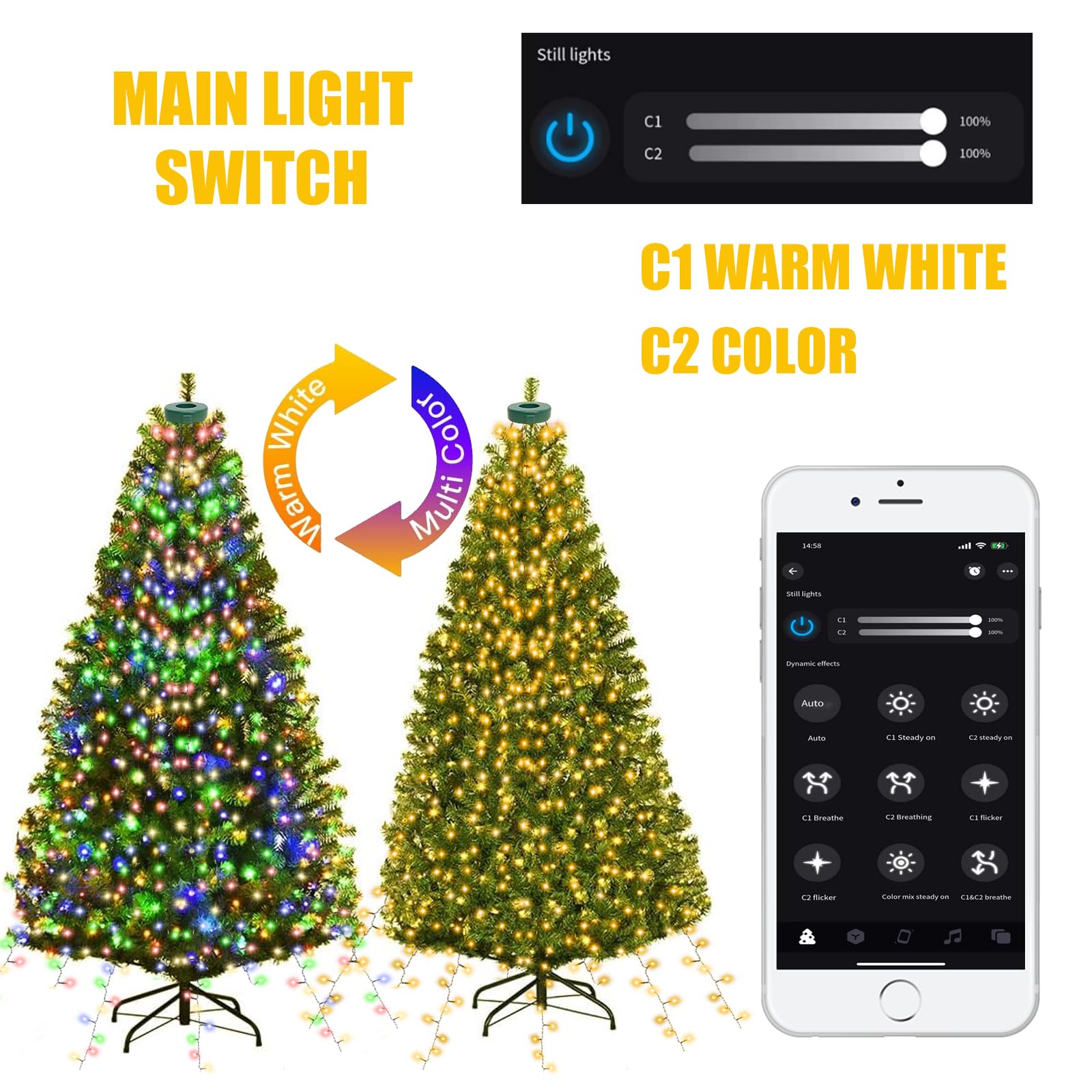 Luces inteligentes para árbol de Navidad con anillo, control de aplicación, sincronización de música, 6.56 pies x 16 líneas, cadena de 400 LED para interiores y exteriores con escenarios de bricolaje