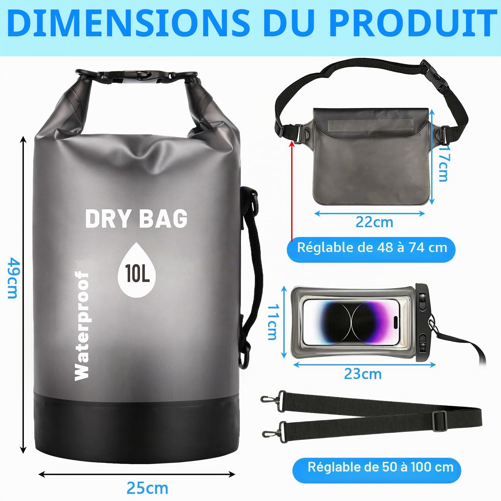 Dry Bag Sac à Dos Étanche 10L avec Sac Banane et Pochette Téléphone | PLCatis Sac Étanche Imperméable pour Bateau Kayak Rafting Camping Sports Nautiques avec Accessoires de Protection Noir