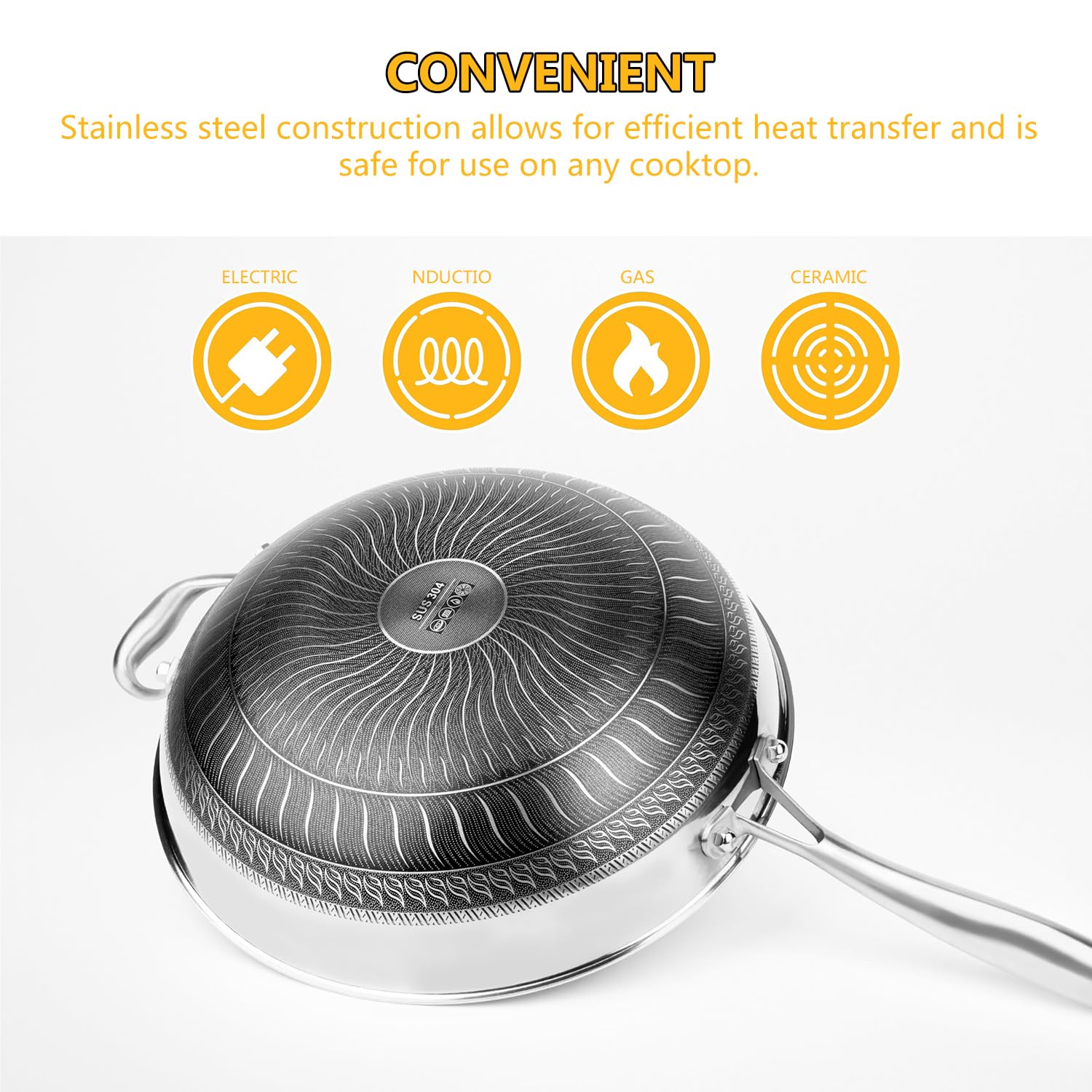 Amazon｜12.6インチ、蓋付きステンレススチール製中華鍋、ノン