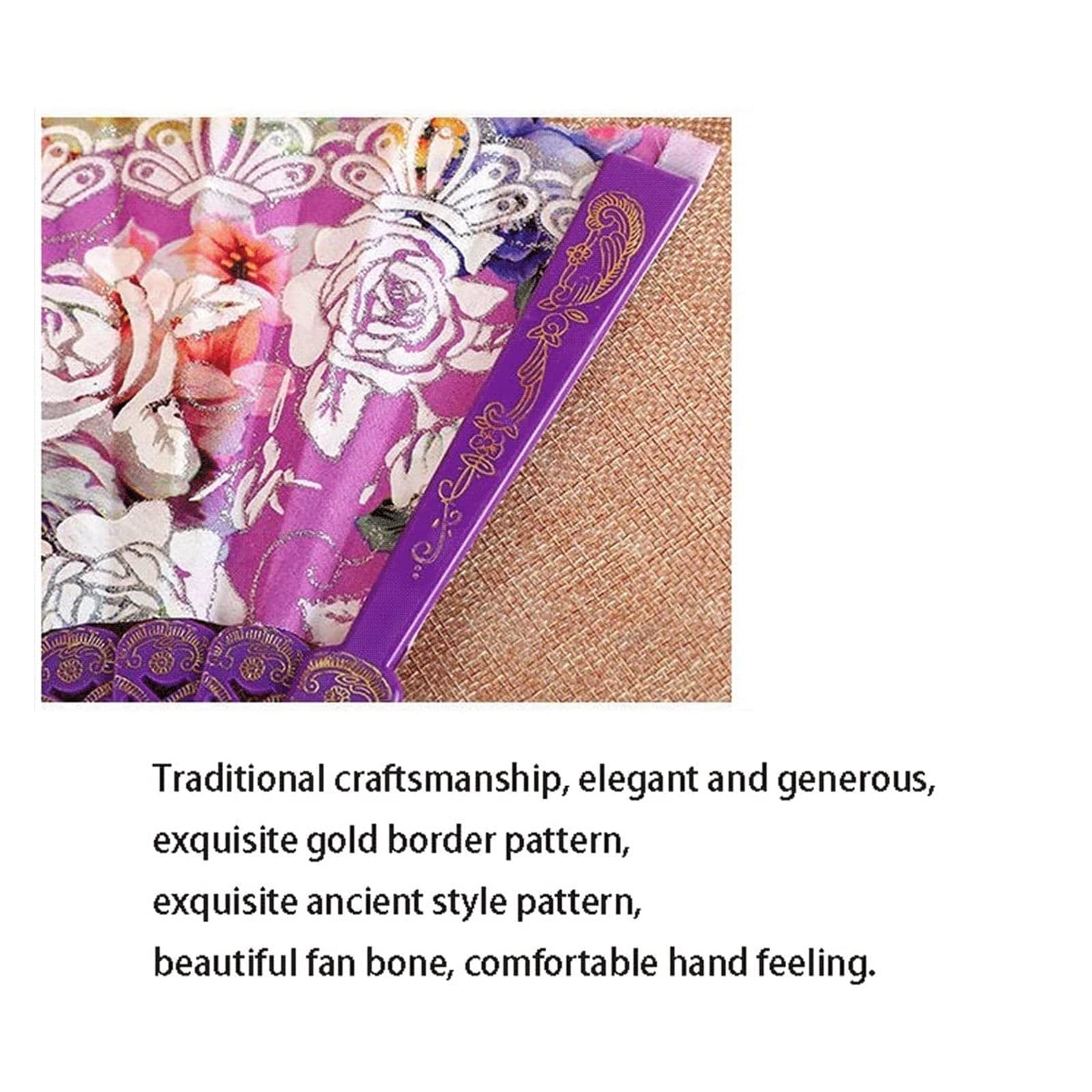 Abanico Plegable Abanicos de Mano Plegables Flor Rosa Abanico Plegable Chino/Ese Abanico Plegable Accesorios de Baile Nupcial Regalo de Boda Portátil() (Noir Talla única)
