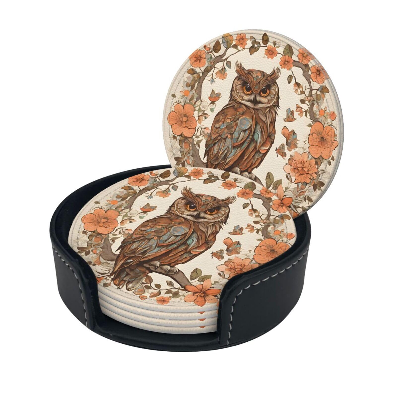 Owl Beliefs Print Coaster,Round Leather Coasters with Storage Box for Wine Mugs,Cold Drinks and Cups Tabletop Protection (6 Piece)