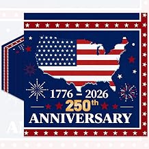 Pack of 50 250th Anniversary Napkins, Red White Blue Flag Design, Disposable Paper Cocktail Napkins for Independence Day, 4th of July, Patriotic Table Decorations, 13 x 13 Inches Unfolded