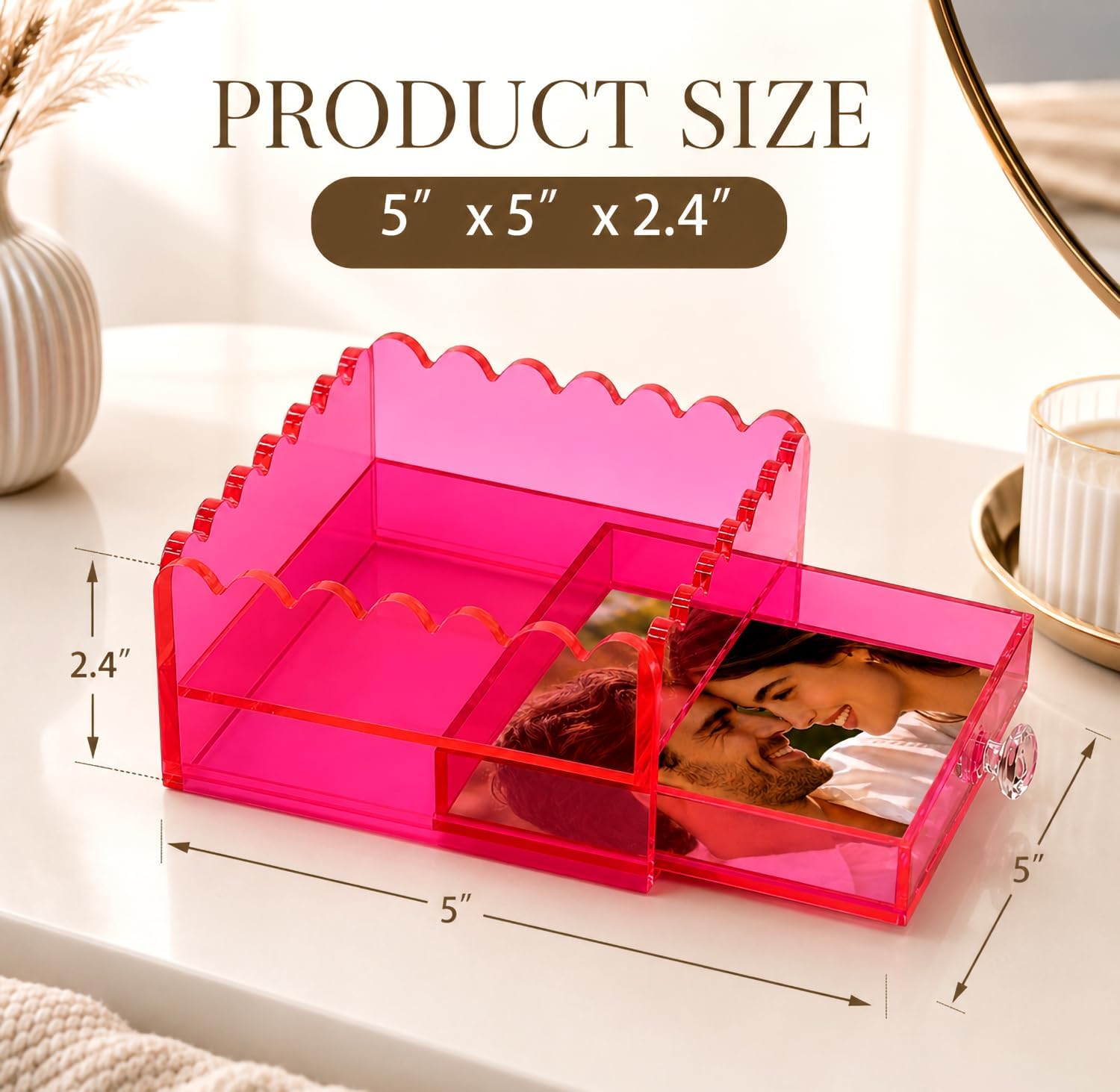 Acrylic Tray for Needlepoint,Scalloped Clear Acrylic Tray with Drawer for Insert Photos,Art,Fabric and Needlepoint Canvas5 X5 Mini Acrylic Display Tray,Decorative Vanity Desk Organizer Gift-Neon Pink