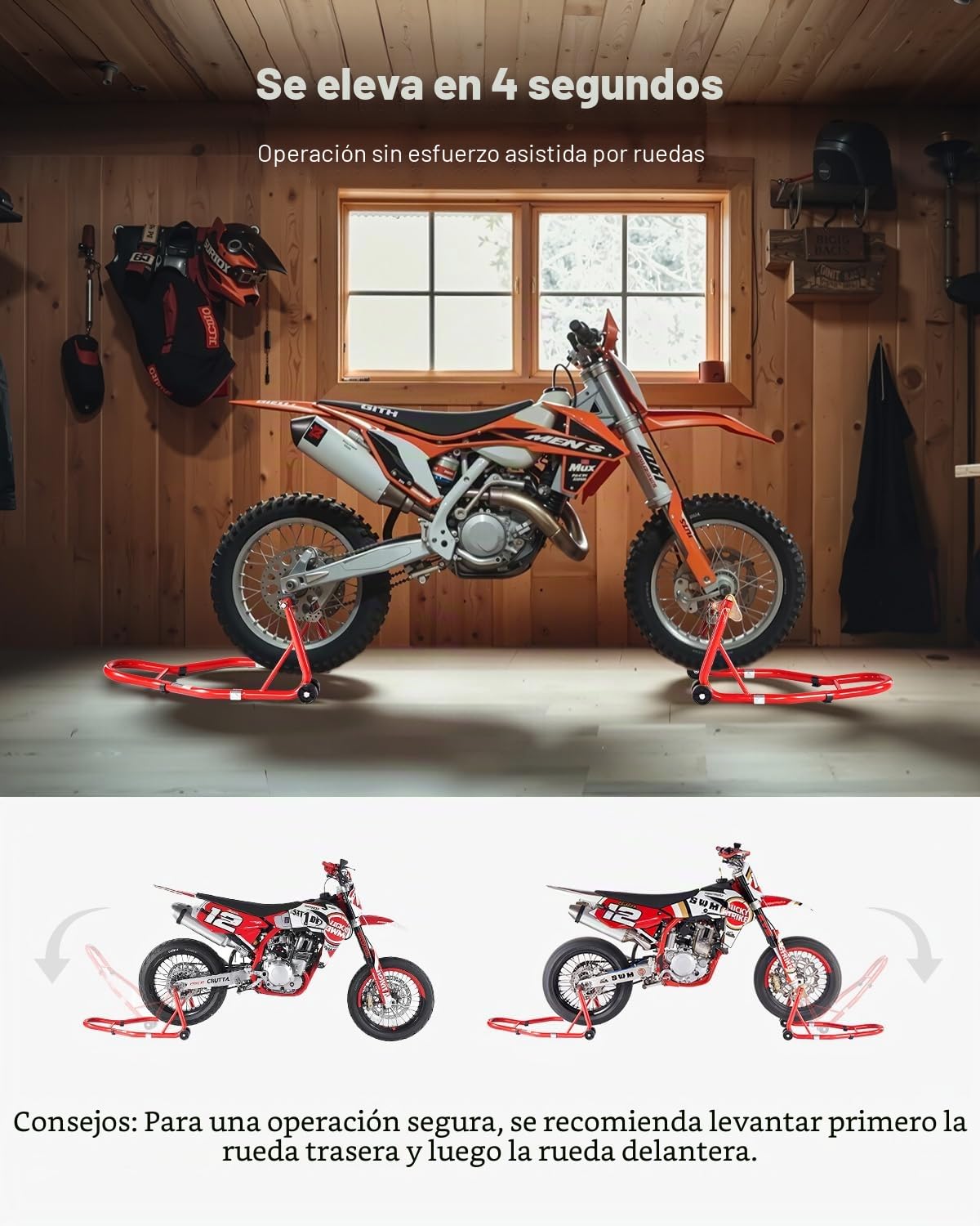 VEVOR Elevador de Caballete para Motocicleta, Capacidad de 390 kg, Combinado Delantero y Trasero, para Rueda Delantera, Compatible con Yamaha, Honda y Suzuki, Rojo, 680 x 450 x 350 mm