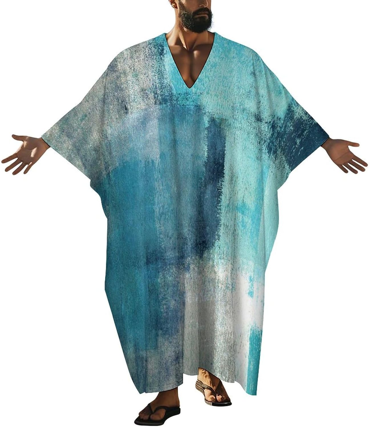 Turquoise And Grey Art Artwork Pattern Men's V-neck Robe Middle East Arabian Robe Butterfly Sleeves Kaftan