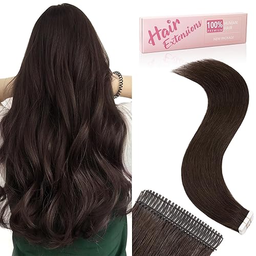 Extensiones de cabello humano con cinta adhesiva, color marrón oscuro, 20 unidades, 1.76 onzas, extensiones de cabello humano real con doble