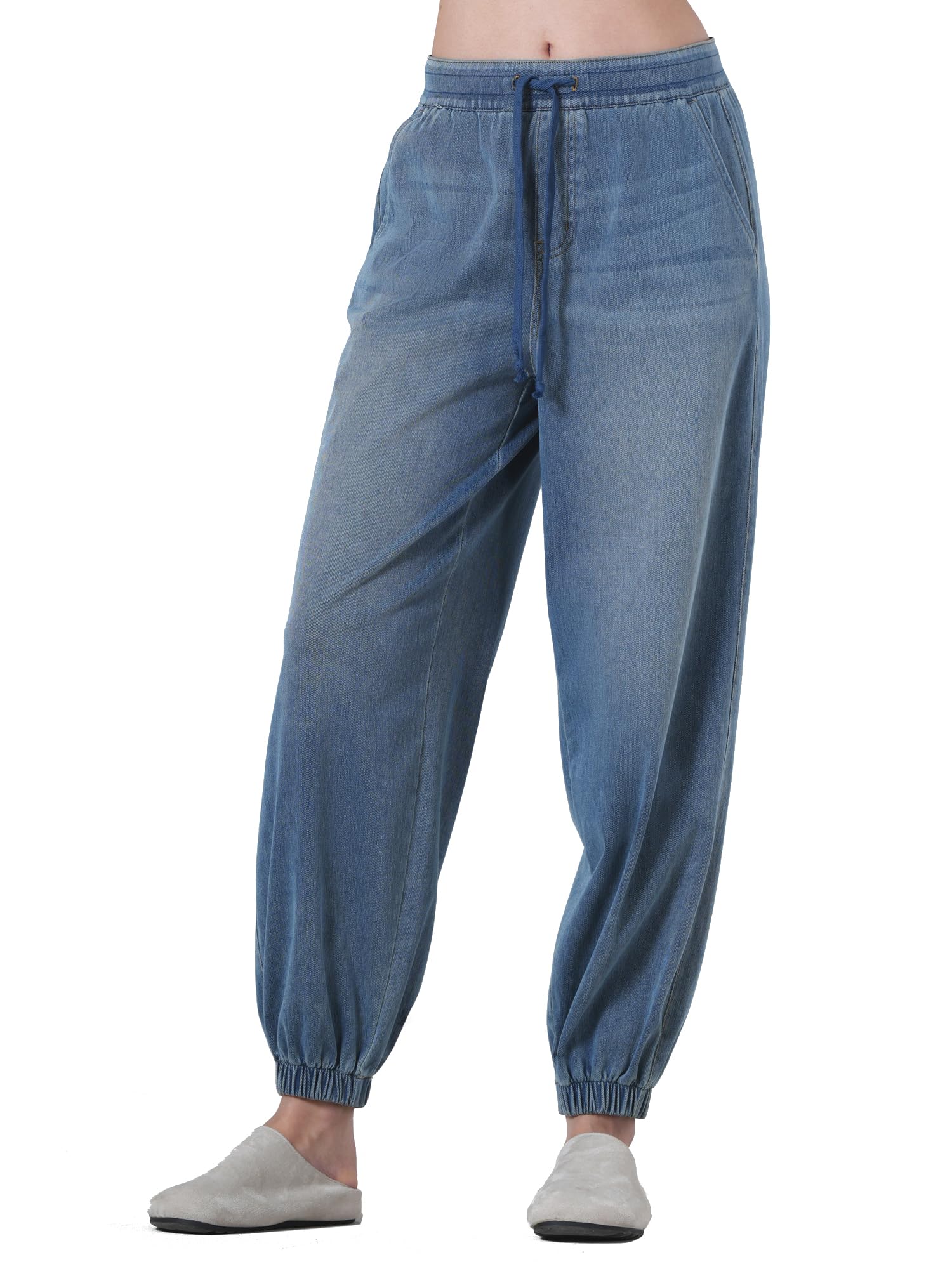 LaiEr Jogger in Denim Donna,Vita Media,Vita Elastica con Coulisse,vestibilità Conica,Stile Casual Confortevole, Jeans Morbido ed Elastico,Adatto per Sport e Yoga,Capo alla Moda per Uso Quotidiano