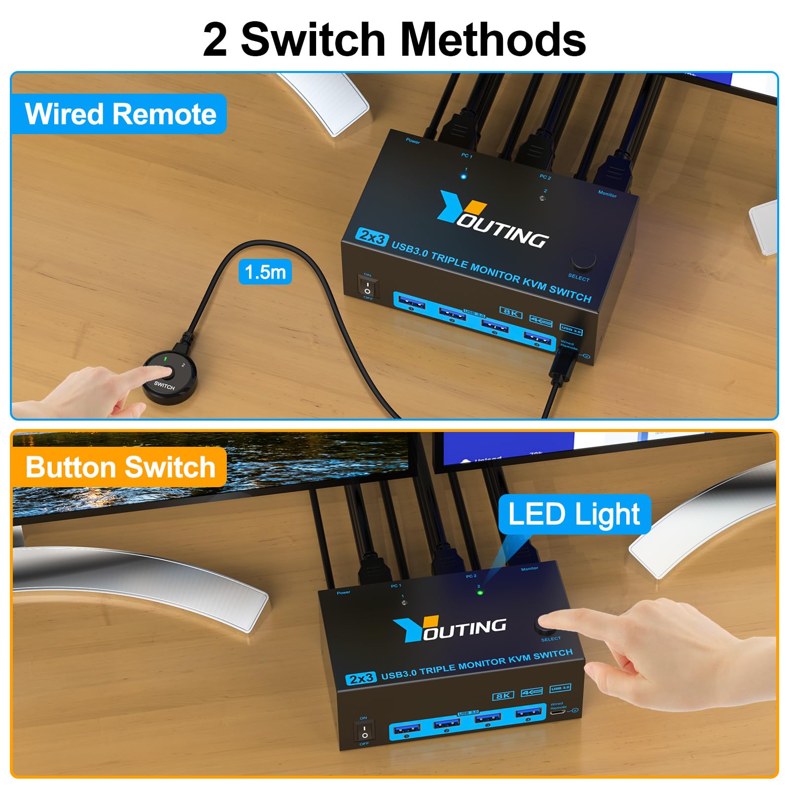 KVM Switch 2 PC 3 monitory DP HDMI, KVM Switch Triple Monitory | 4K @ 144 Hz, 8K 60 Hz, USB 3.0, 5 Gbps, do 2 PC Części myszy, klawiatury, przewodowy pilot