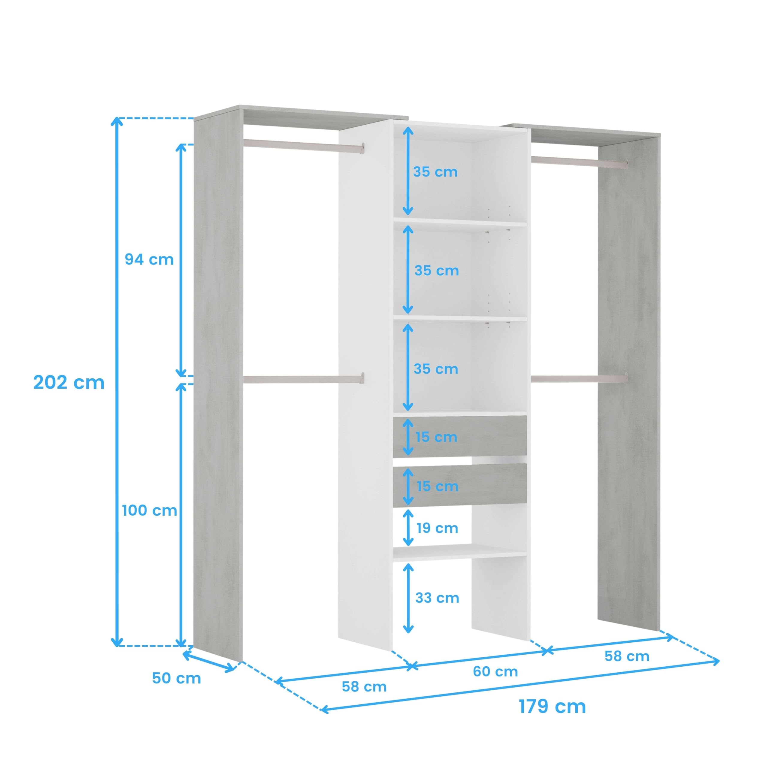 Habitdesign Armario Vestidor con 2 Cajones, Vestidor con Barras y Baldas, Acabado en Blanco Artik y Gris Cemento, Medidas: 179 cm (Ancho) x 202 cm (Alto) x 50 cm (Fondo)