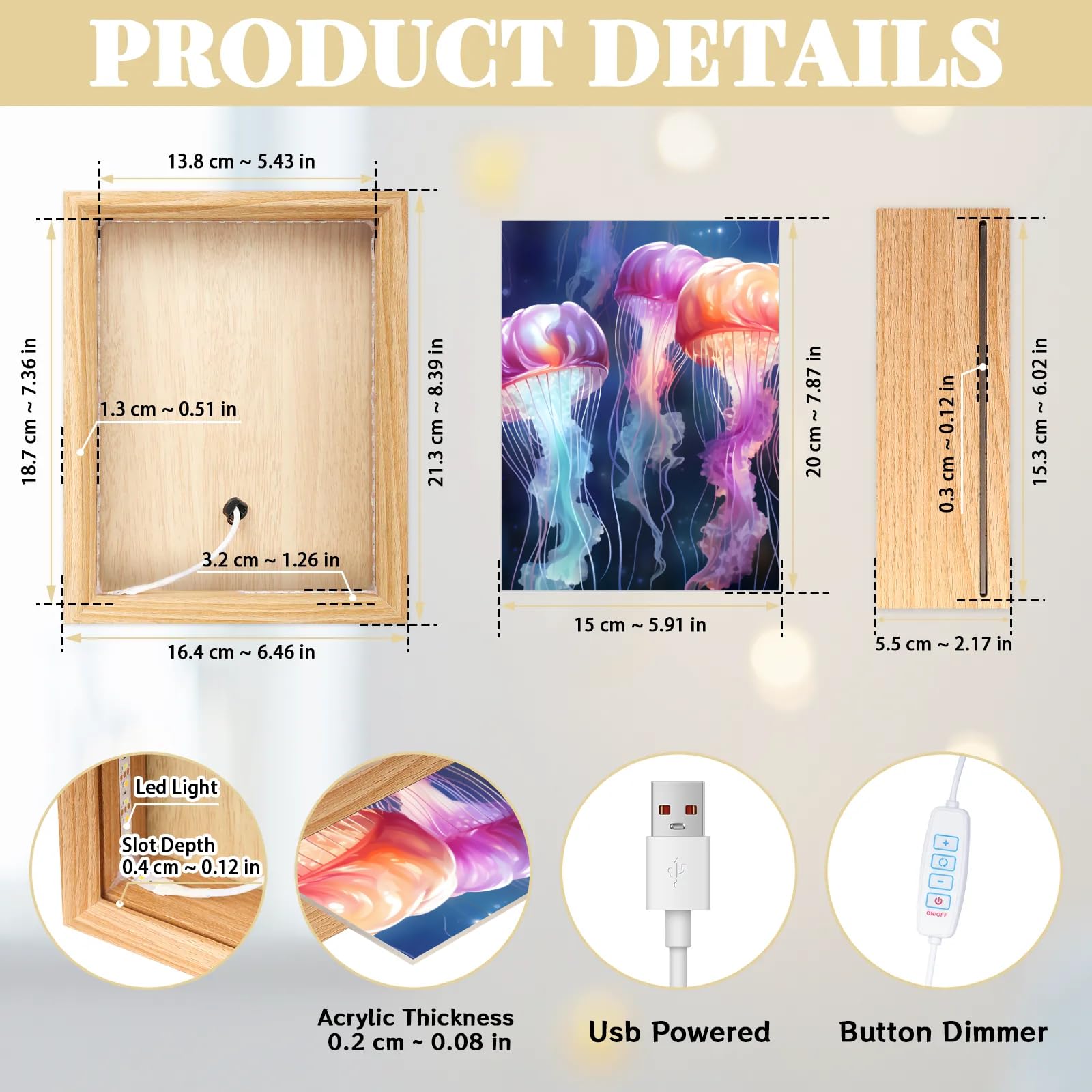 Light Up Painting, Watercolor Jellyfish Wall Art Picture Light Glowing Jellyfish Light Up Art Frame, 10 Brightness USB Powered 3 Lighting Modes, Relief Gift for Bedroom Home-Without Acrylic Panel